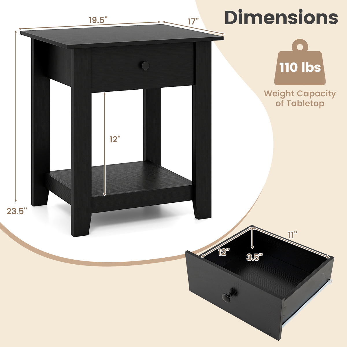 Set of 2 Nightstand with Drawer 3-Tier Modern Bedside Table with Open Shelf and Storage-Black-Nightstands-DECOROLALA