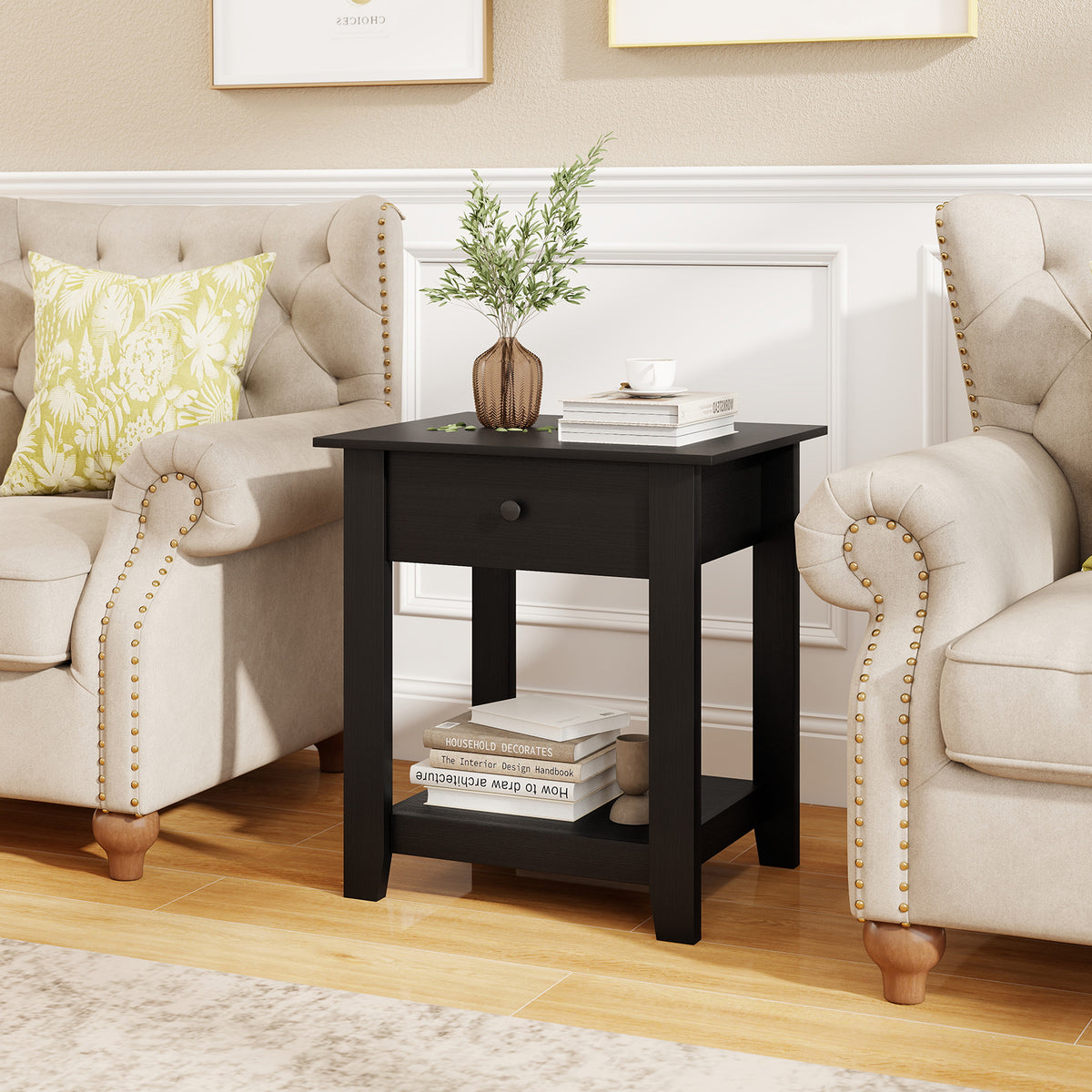 Set of 2 Nightstand with Drawer 3-Tier Modern Bedside Table with Open Shelf and Storage-Black-Nightstands-DECOROLALA