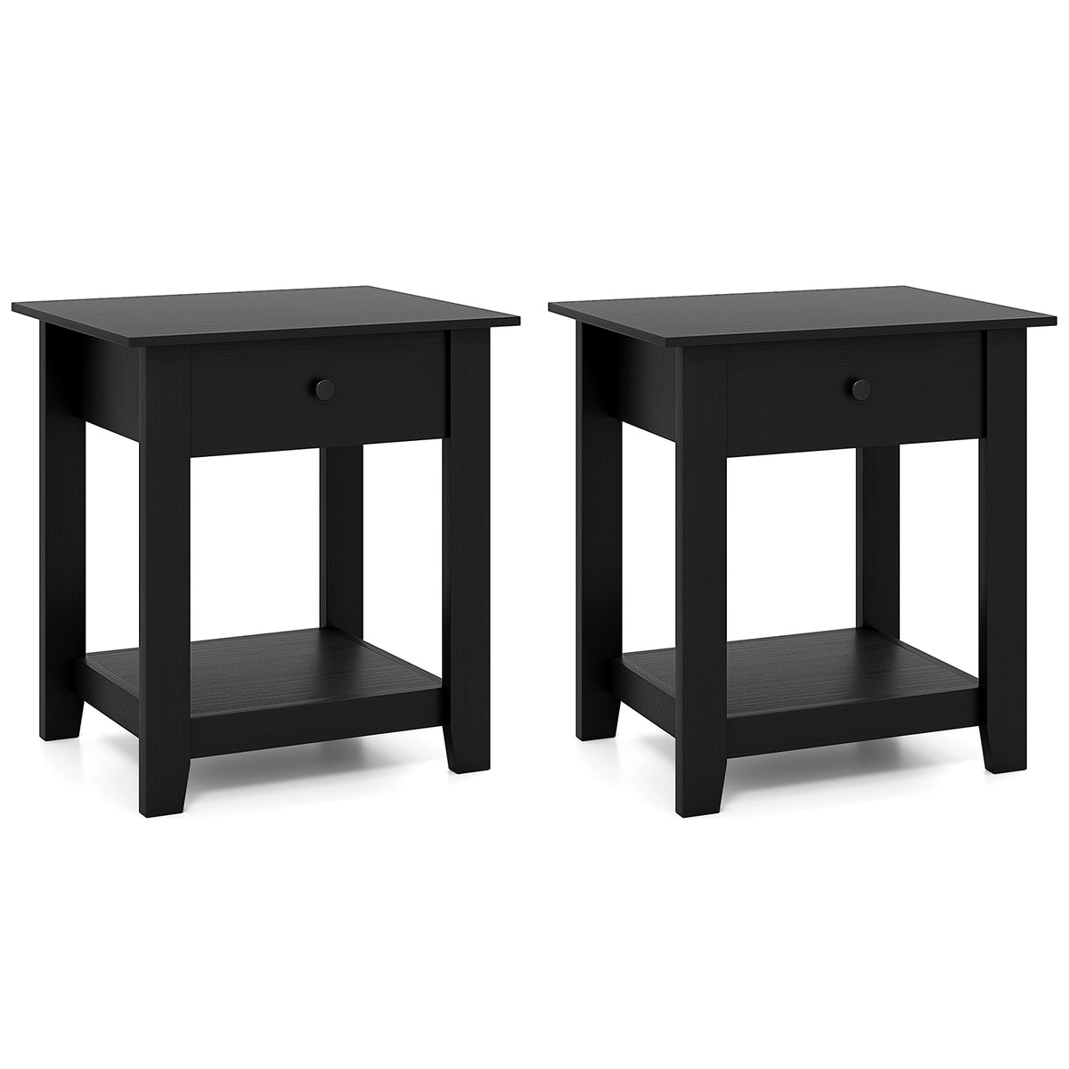 Set of 2 Nightstand with Drawer 3-Tier Modern Bedside Table with Open Shelf and Storage-Black-Nightstands-DECOROLALA