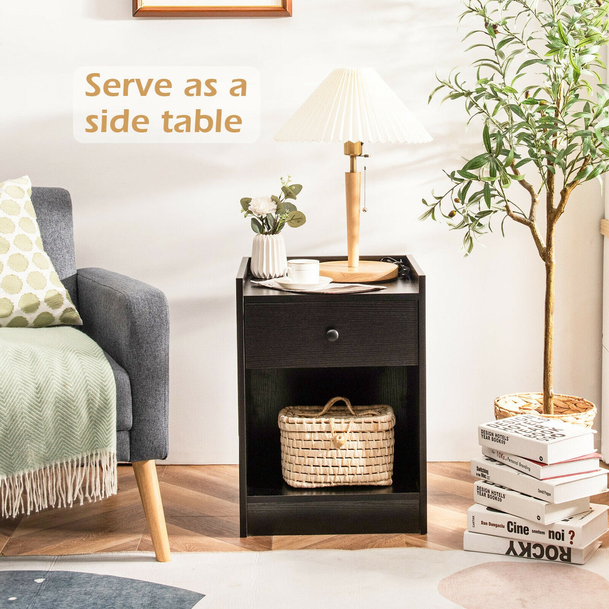 Set of 2 Nightstand with Drawer Cabinet End Side Table Raised Top-Black-Nightstands-DECOROLALA