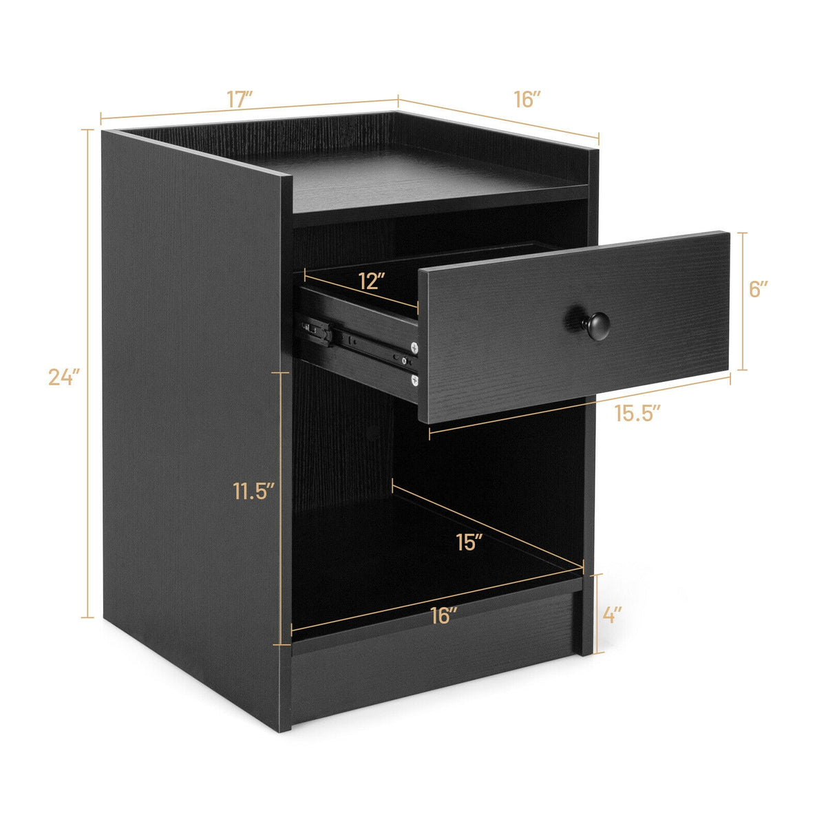 Set of 2 Nightstand with Drawer Cabinet End Side Table Raised Top-Black-Nightstands-DECOROLALA