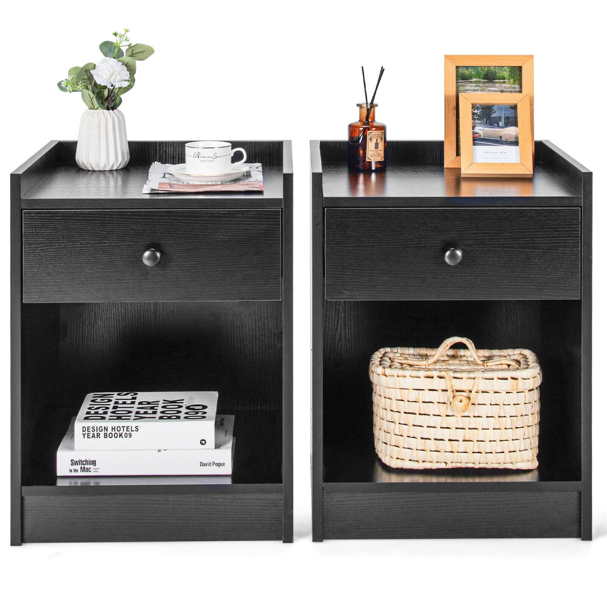 Set of 2 Nightstand with Drawer Cabinet End Side Table Raised Top-Black-Nightstands-DECOROLALA