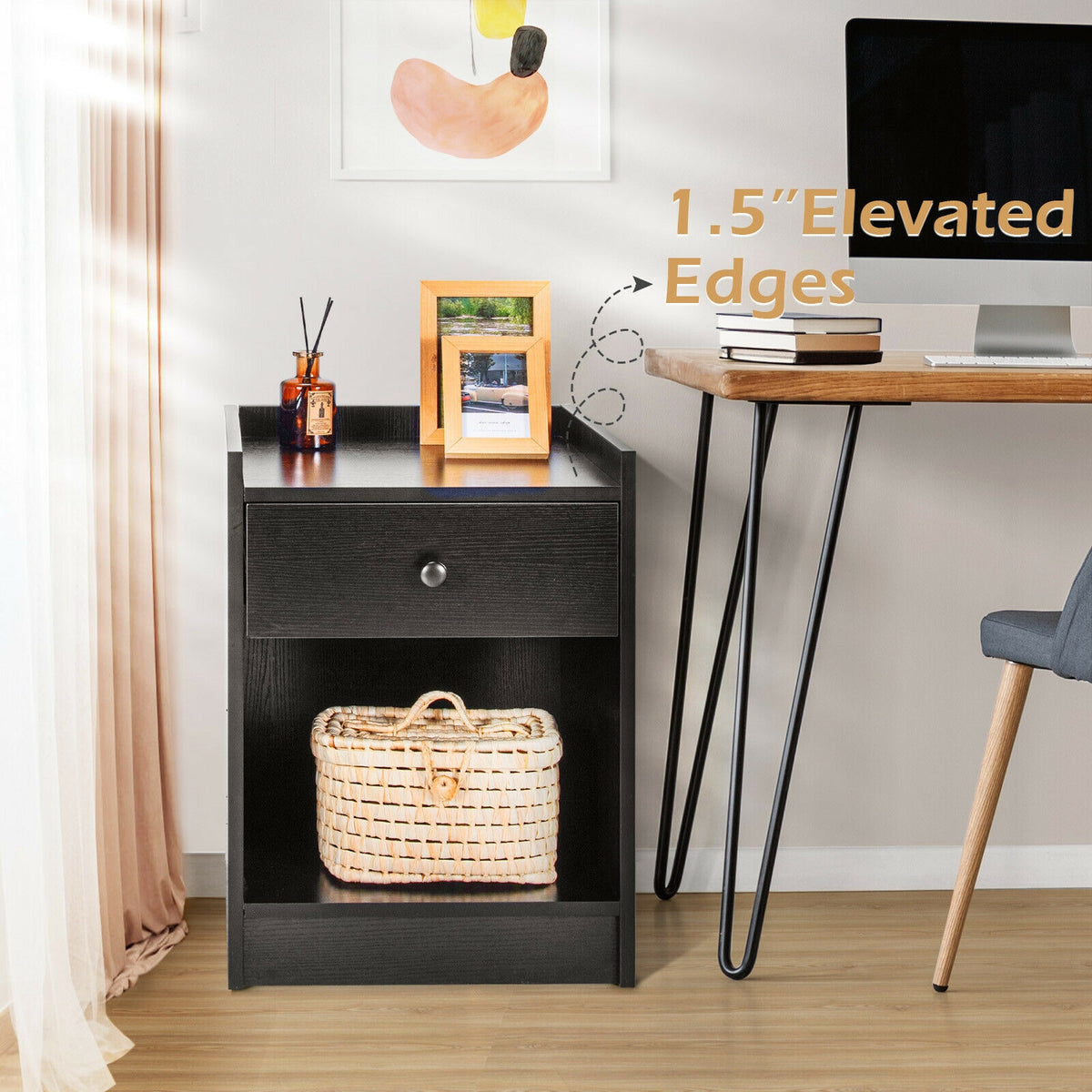 Set of 2 Nightstand with Drawer Cabinet End Side Table Raised Top-Black-Nightstands-DECOROLALA
