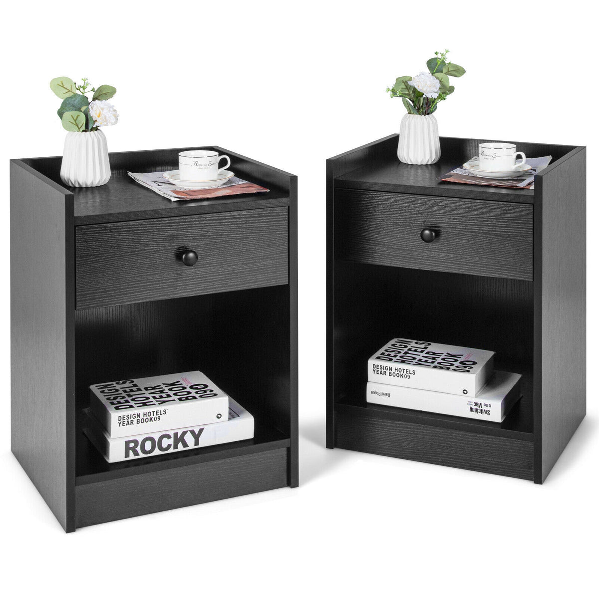 Set of 2 Nightstand with Drawer Cabinet End Side Table Raised Top-Black-Nightstands-DECOROLALA
