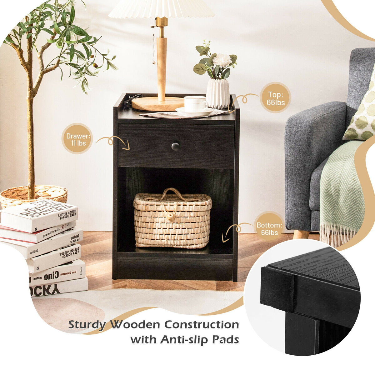 Set of 2 Nightstand with Drawer Cabinet End Side Table Raised Top-Black-Nightstands-DECOROLALA