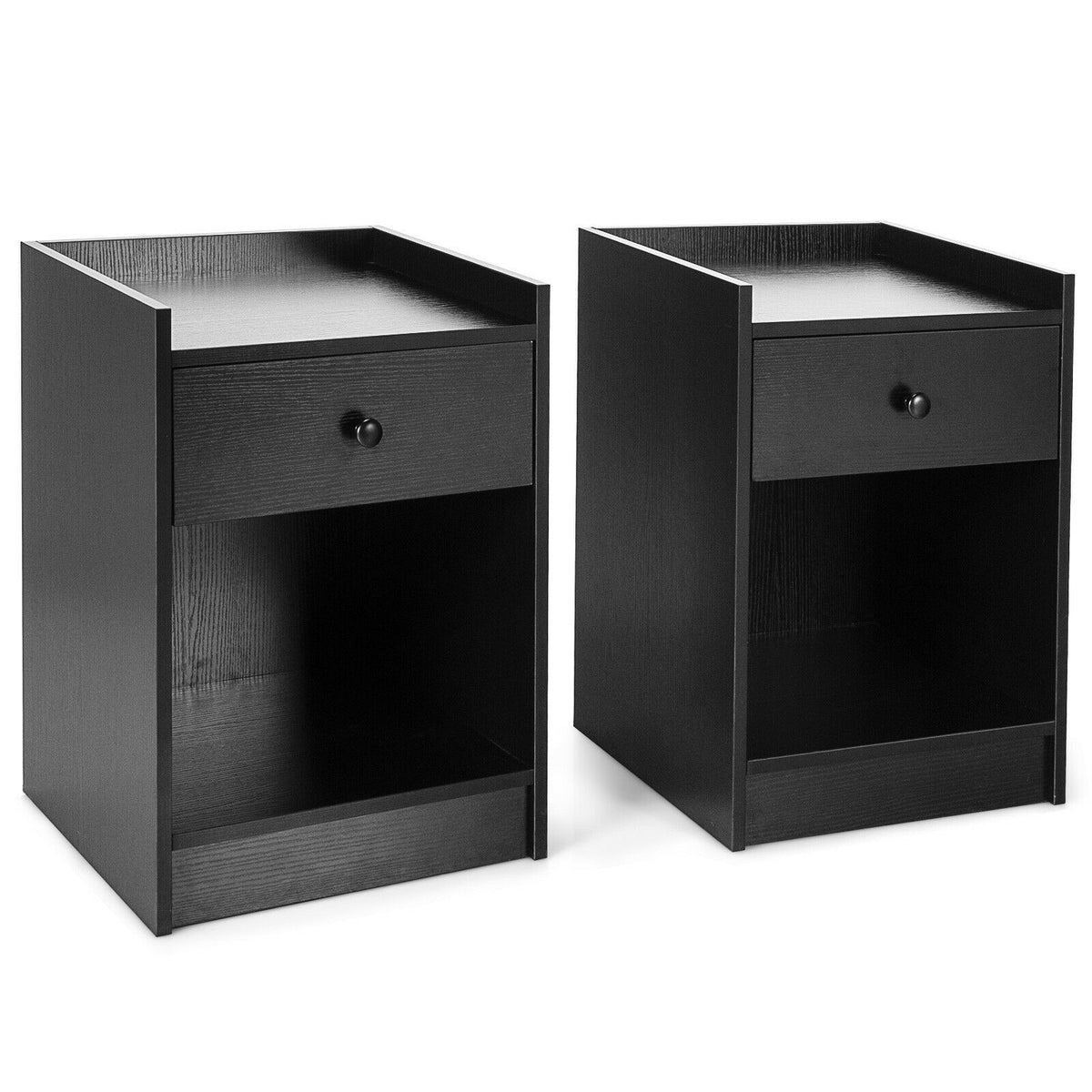 Set of 2 Nightstand with Drawer Cabinet End Side Table Raised Top-Black-Nightstands-DECOROLALA