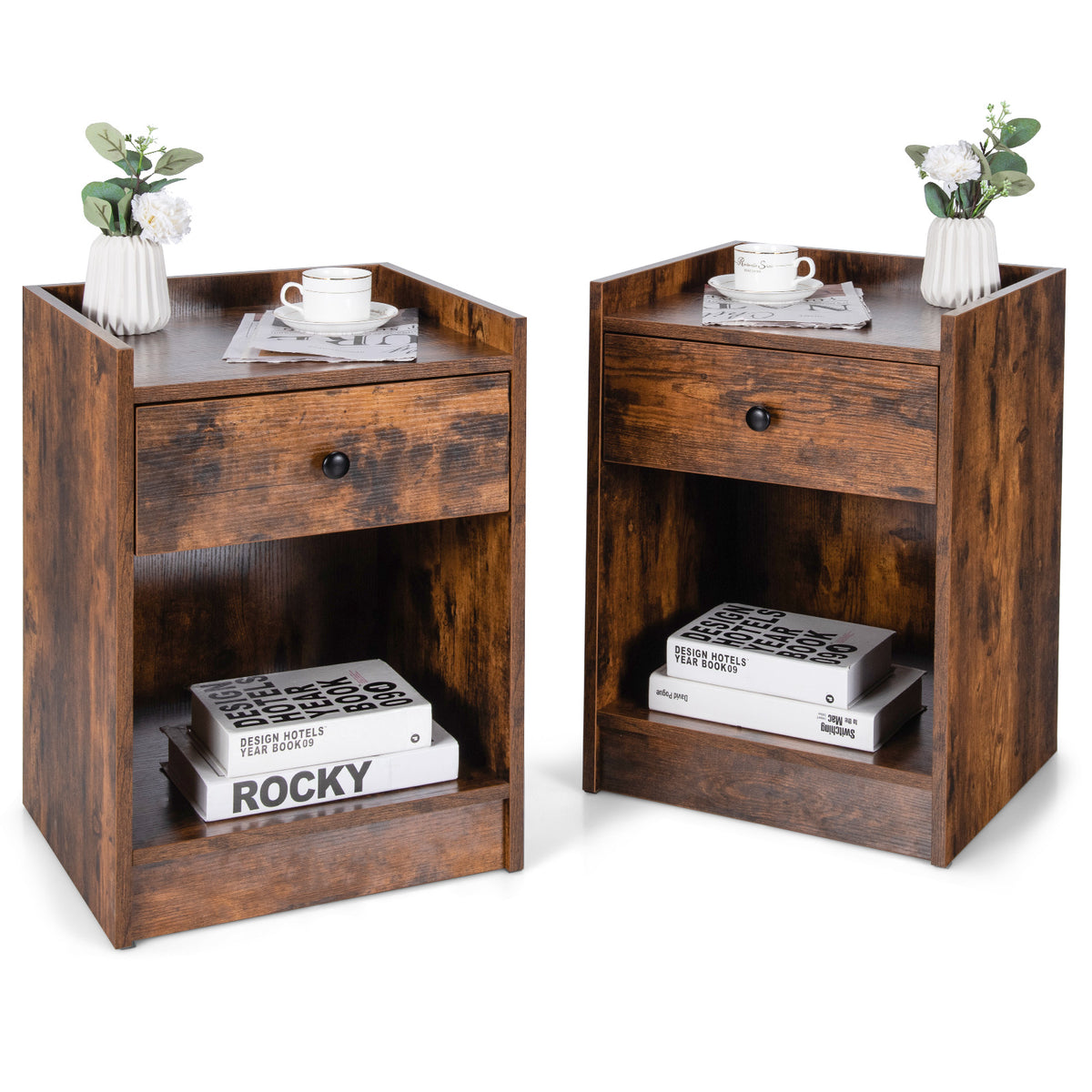 Set of 2 Nightstand with Drawer Cabinet End Side Table Raised Top-Brown-Nightstands-DECOROLALA
