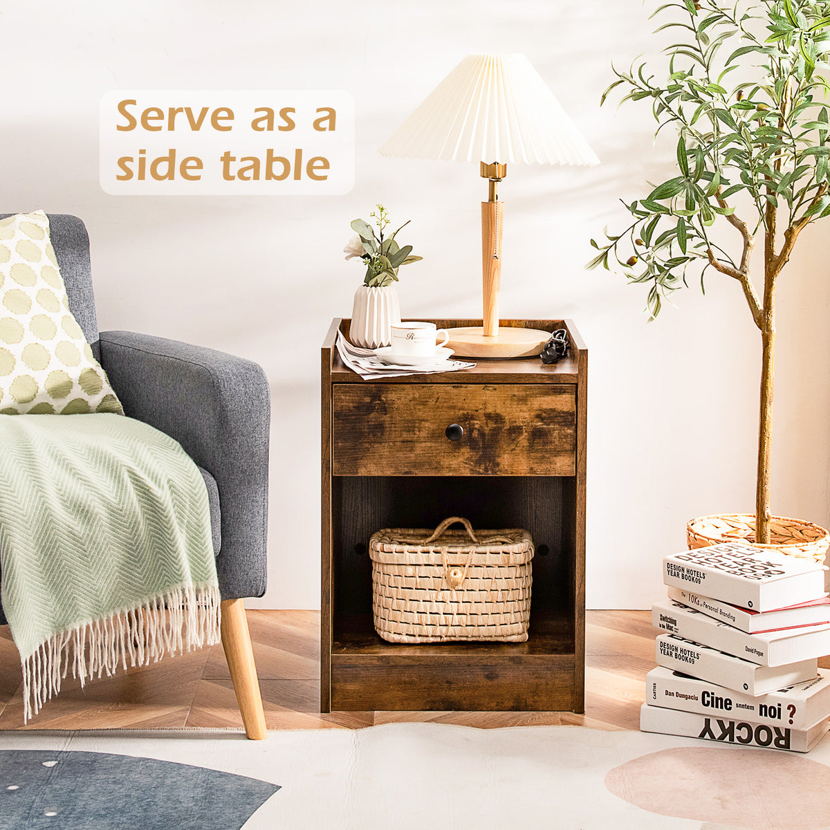 Set of 2 Nightstand with Drawer Cabinet End Side Table Raised Top-Brown-Nightstands-DECOROLALA