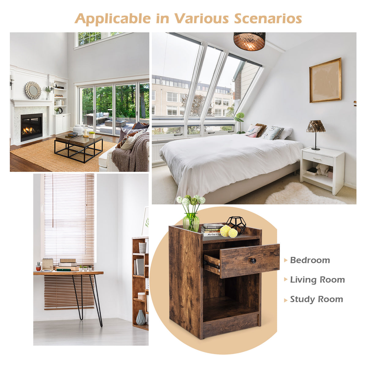Set of 2 Nightstand with Drawer Cabinet End Side Table Raised Top-Brown-Nightstands-DECOROLALA
