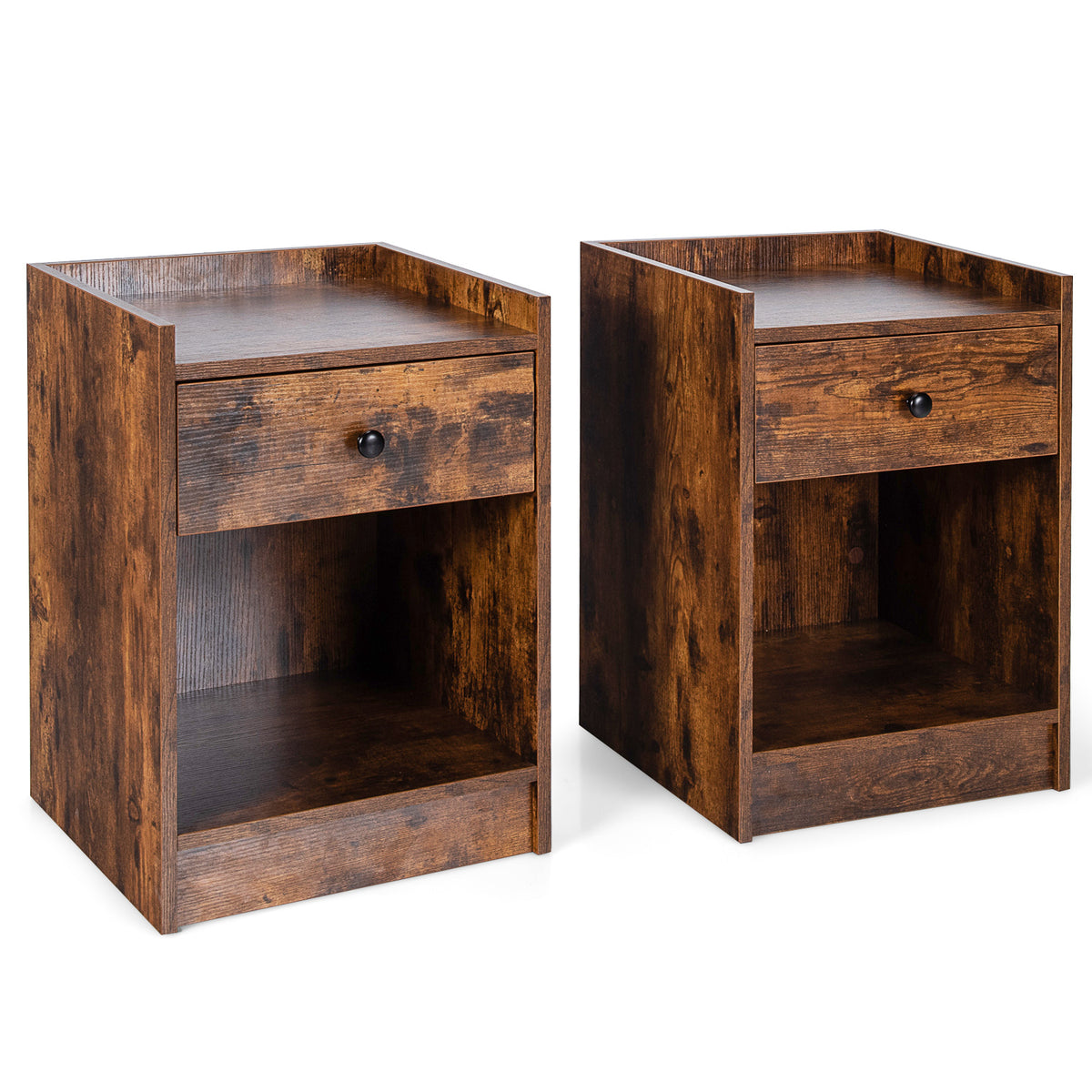 Set of 2 Nightstand with Drawer Cabinet End Side Table Raised Top-Brown-Nightstands-DECOROLALA