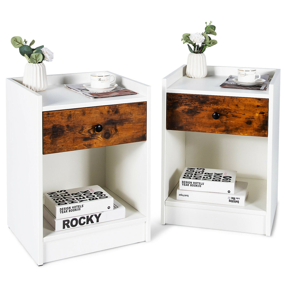 Set of 2 Nightstand with Drawer Cabinet End Side Table Raised Top-White-Nightstands-DECOROLALA