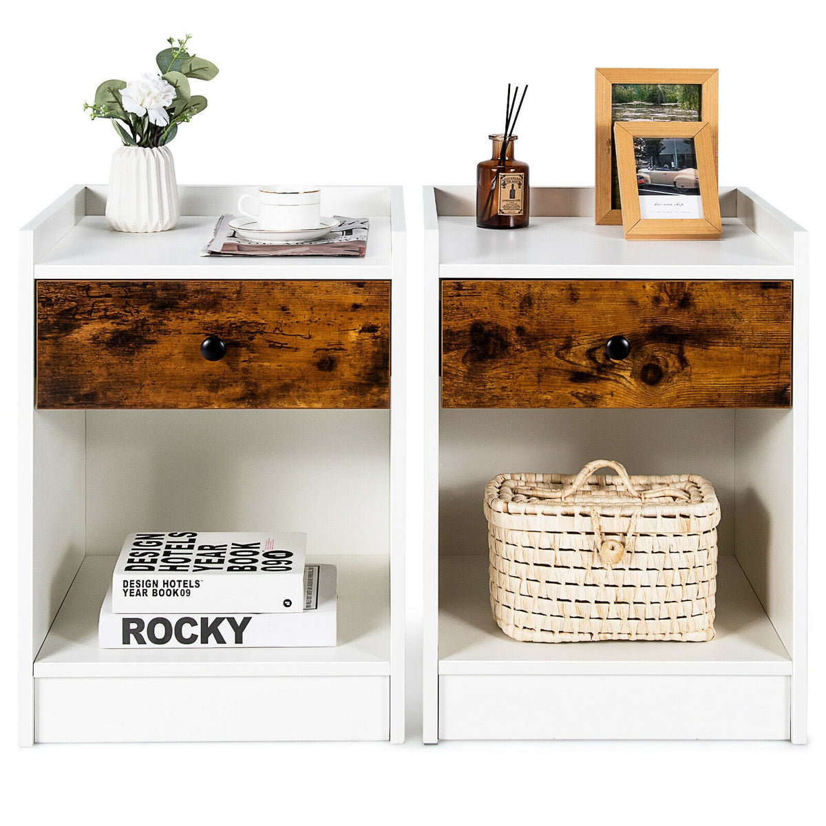 Set of 2 Nightstand with Drawer Cabinet End Side Table Raised Top-White-Nightstands-DECOROLALA