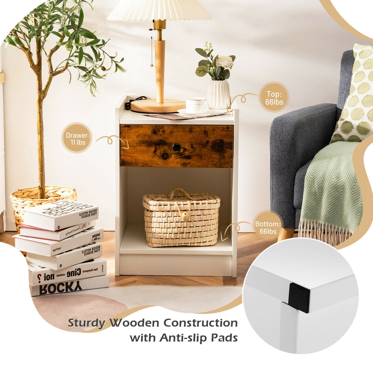 Set of 2 Nightstand with Drawer Cabinet End Side Table Raised Top-White-Nightstands-DECOROLALA
