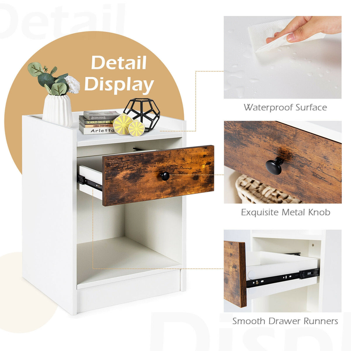 Set of 2 Nightstand with Drawer Cabinet End Side Table Raised Top-White-Nightstands-DECOROLALA