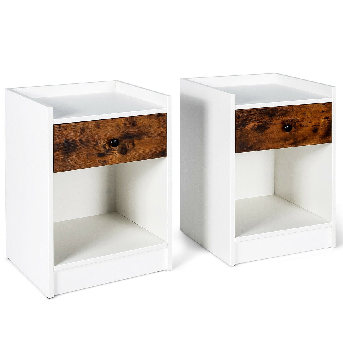 Set of 2 Nightstand with Drawer Cabinet End Side Table Raised Top-White-Nightstands-DECOROLALA