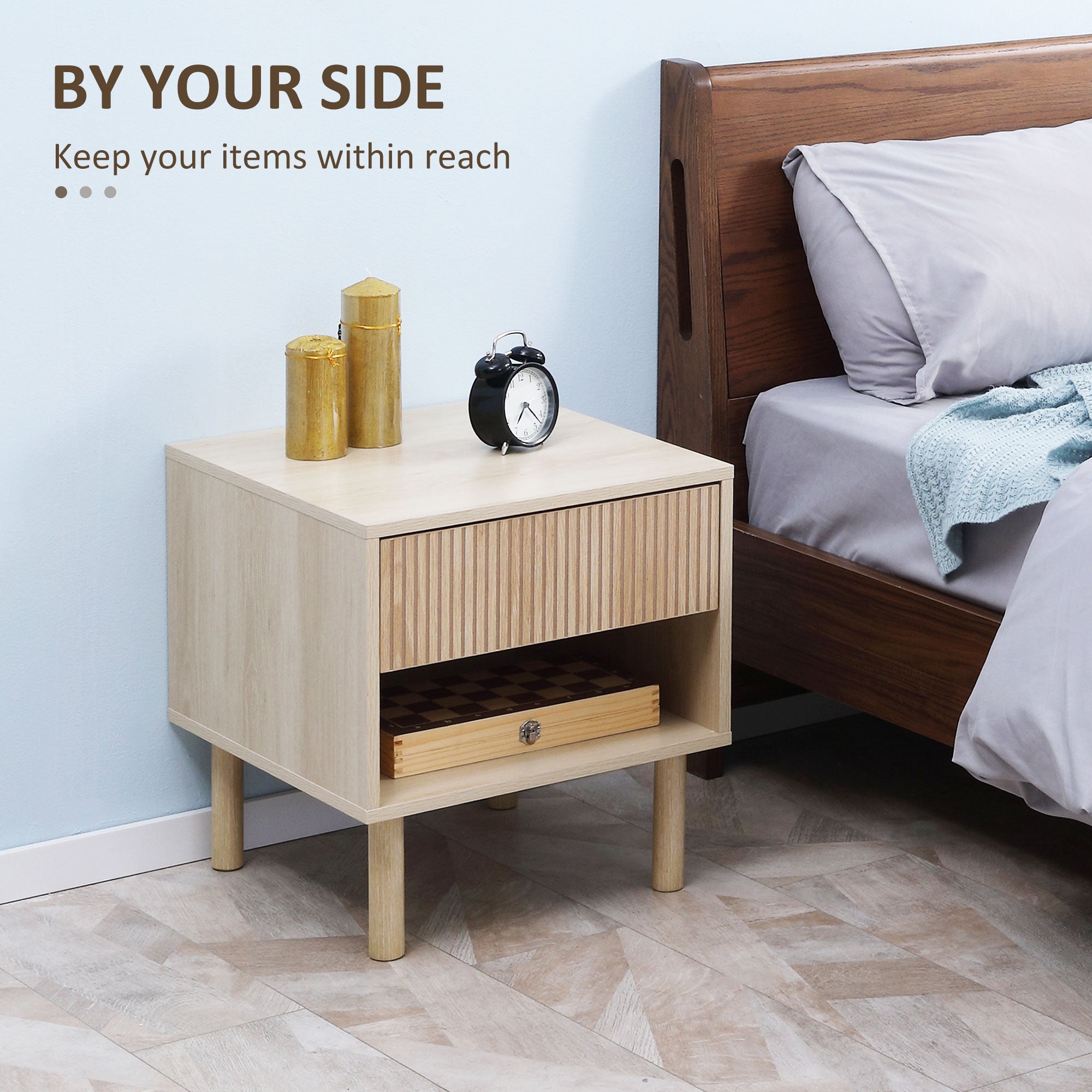 Set of 2 Nightstands - Natural Wood Side Tables with Drawer-DECOROLALA