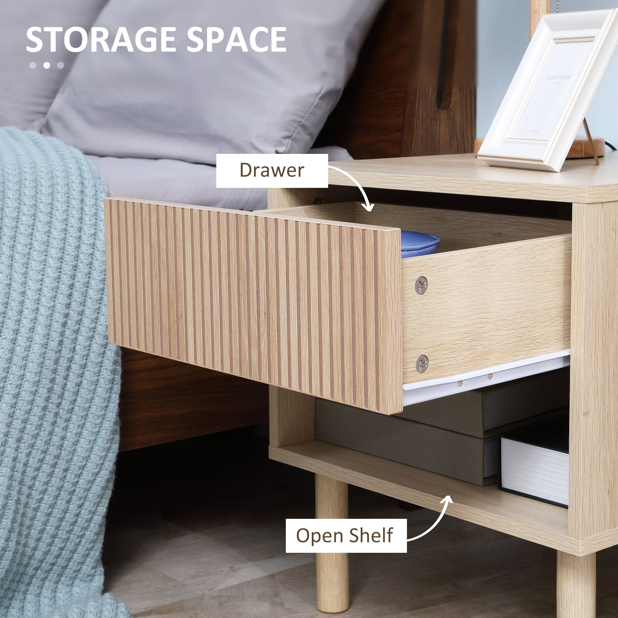 Set of 2 Nightstands - Natural Wood Side Tables with Drawer-DECOROLALA