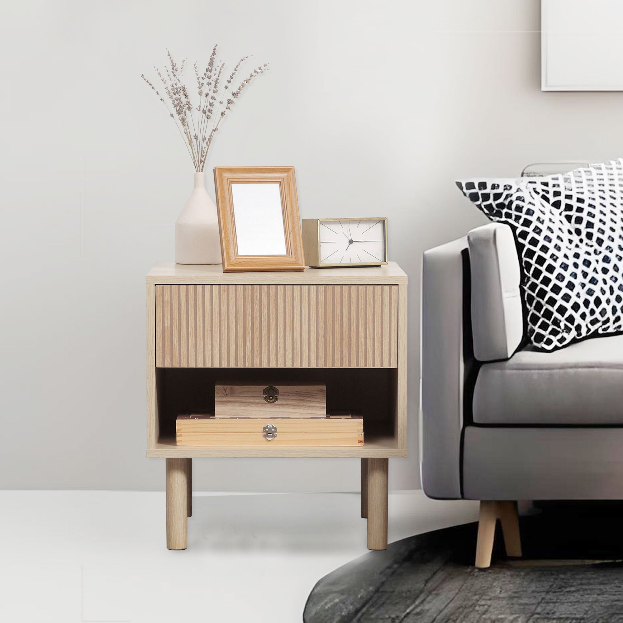 Set of 2 Nightstands - Natural Wood Side Tables with Drawer-DECOROLALA