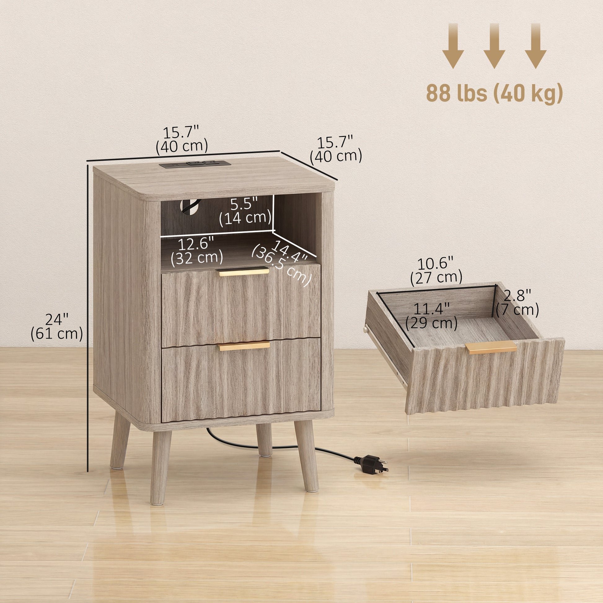 Set of 2 Nightstands with Charging Station - Grey 24" H-DECOROLALA
