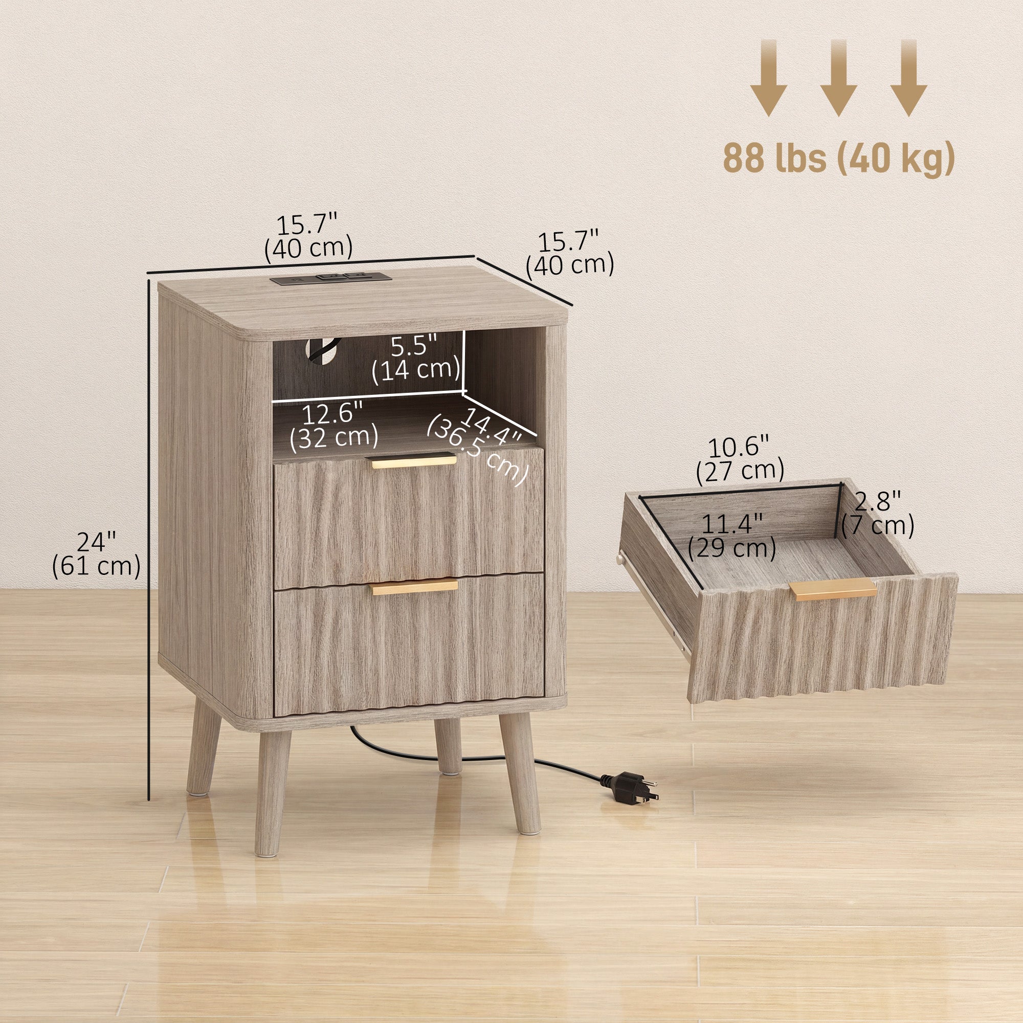 Set of 2 Nightstands with Charging Station - Grey 24" H-DECOROLALA