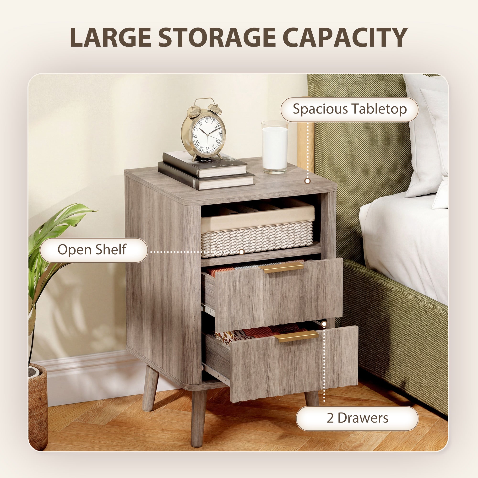 Set of 2 Nightstands with Charging Station - Grey 24" H-DECOROLALA