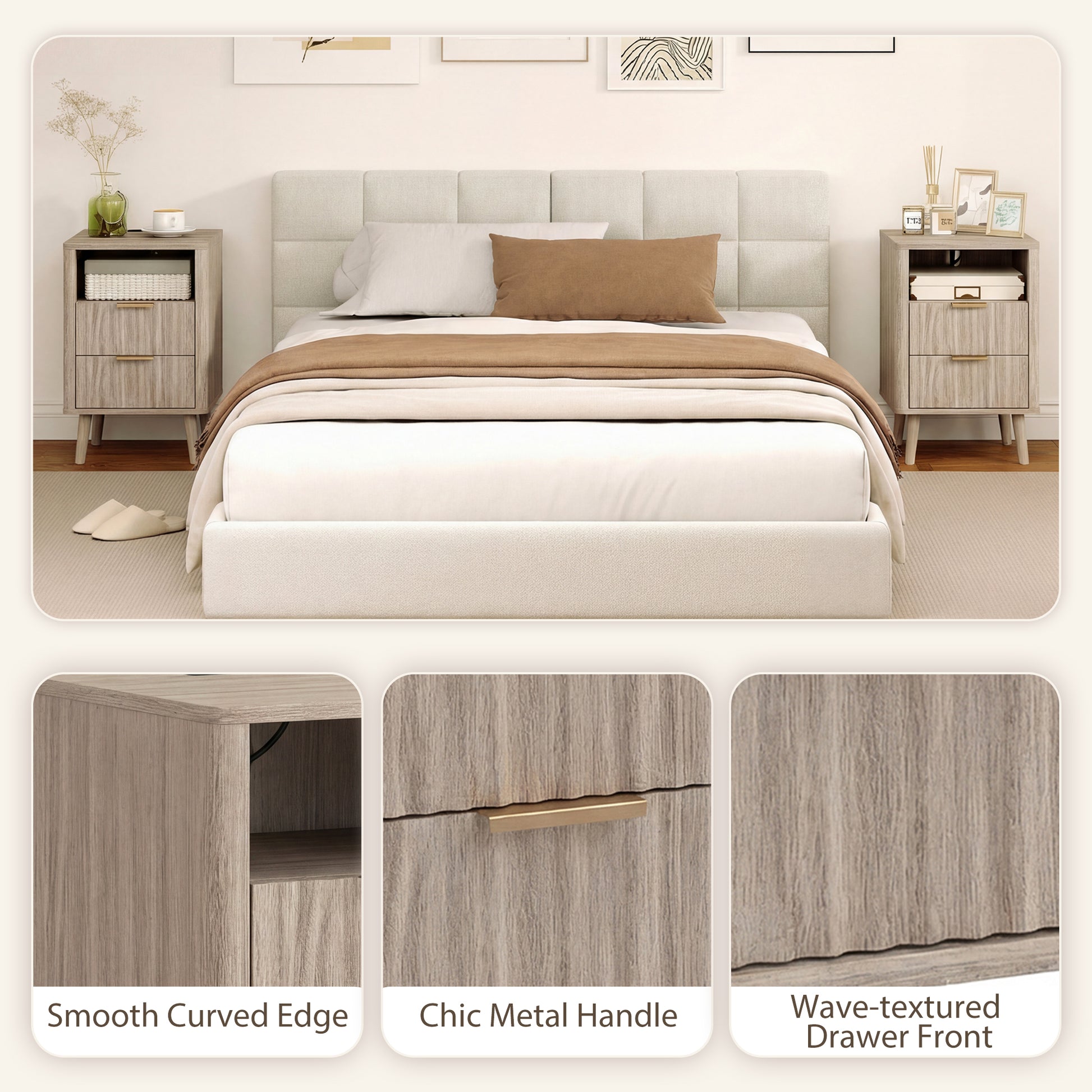 Set of 2 Nightstands with Charging Station - Grey 24" H-DECOROLALA