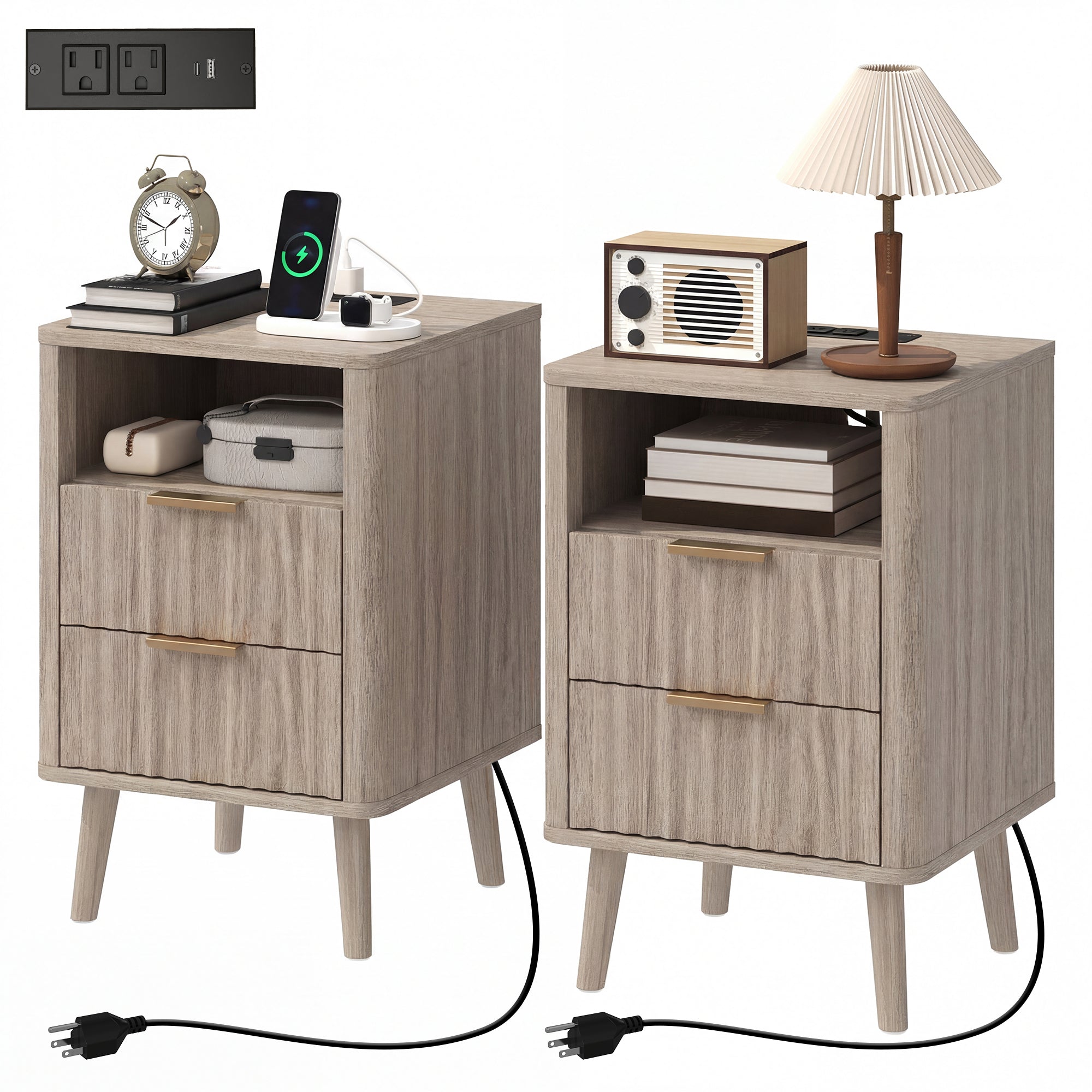 Set of 2 Nightstands with Charging Station - Grey 24" H-DECOROLALA