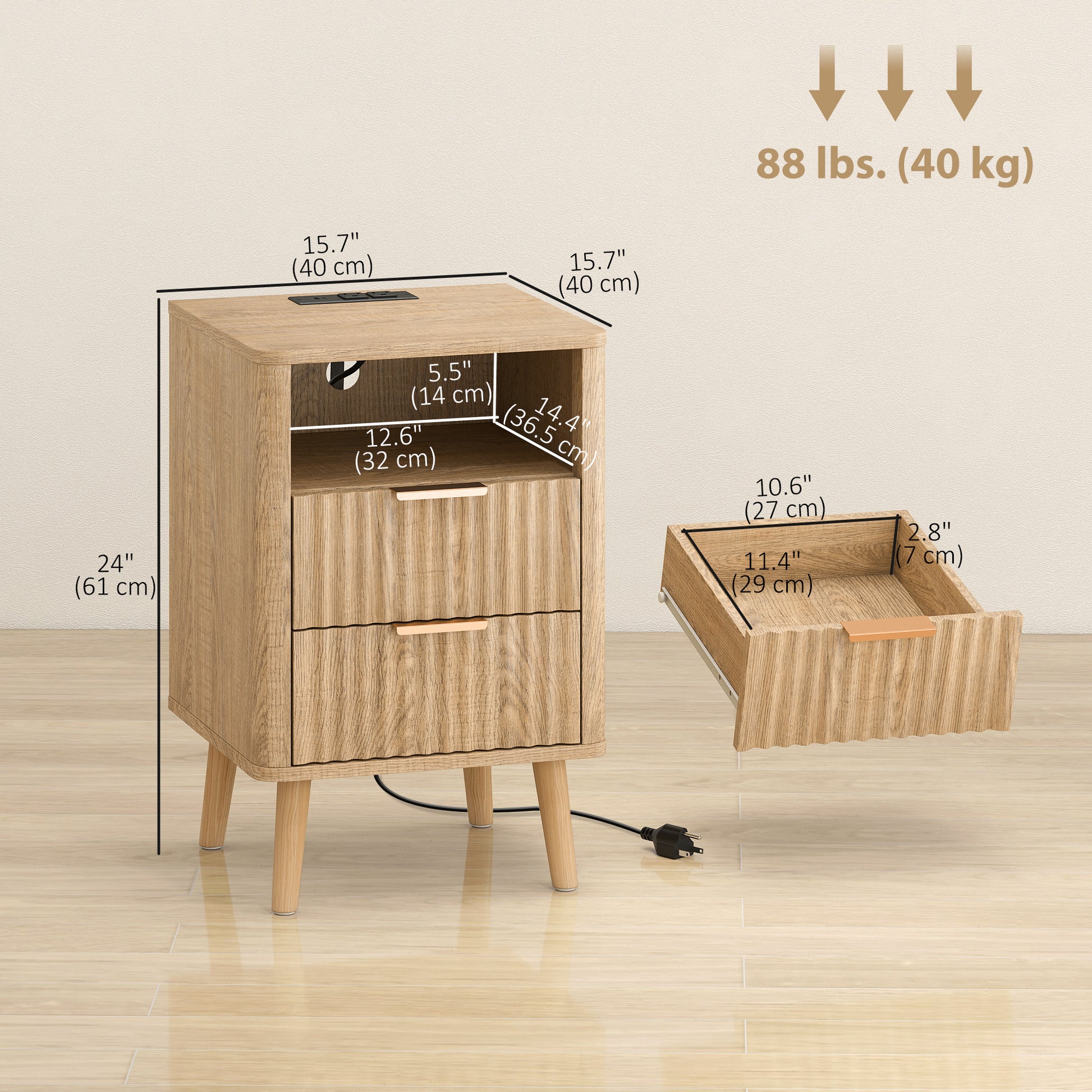 Set of 2 Nightstands with Charging Station - Oak 24" H-DECOROLALA