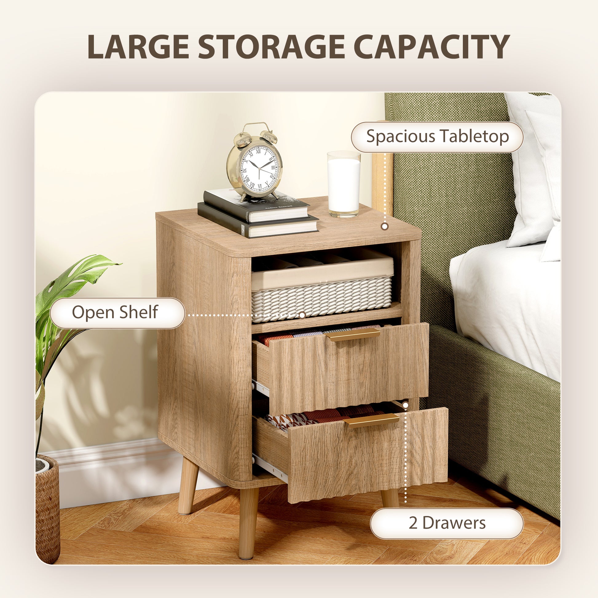 Set of 2 Nightstands with Charging Station - Oak 24" H-DECOROLALA