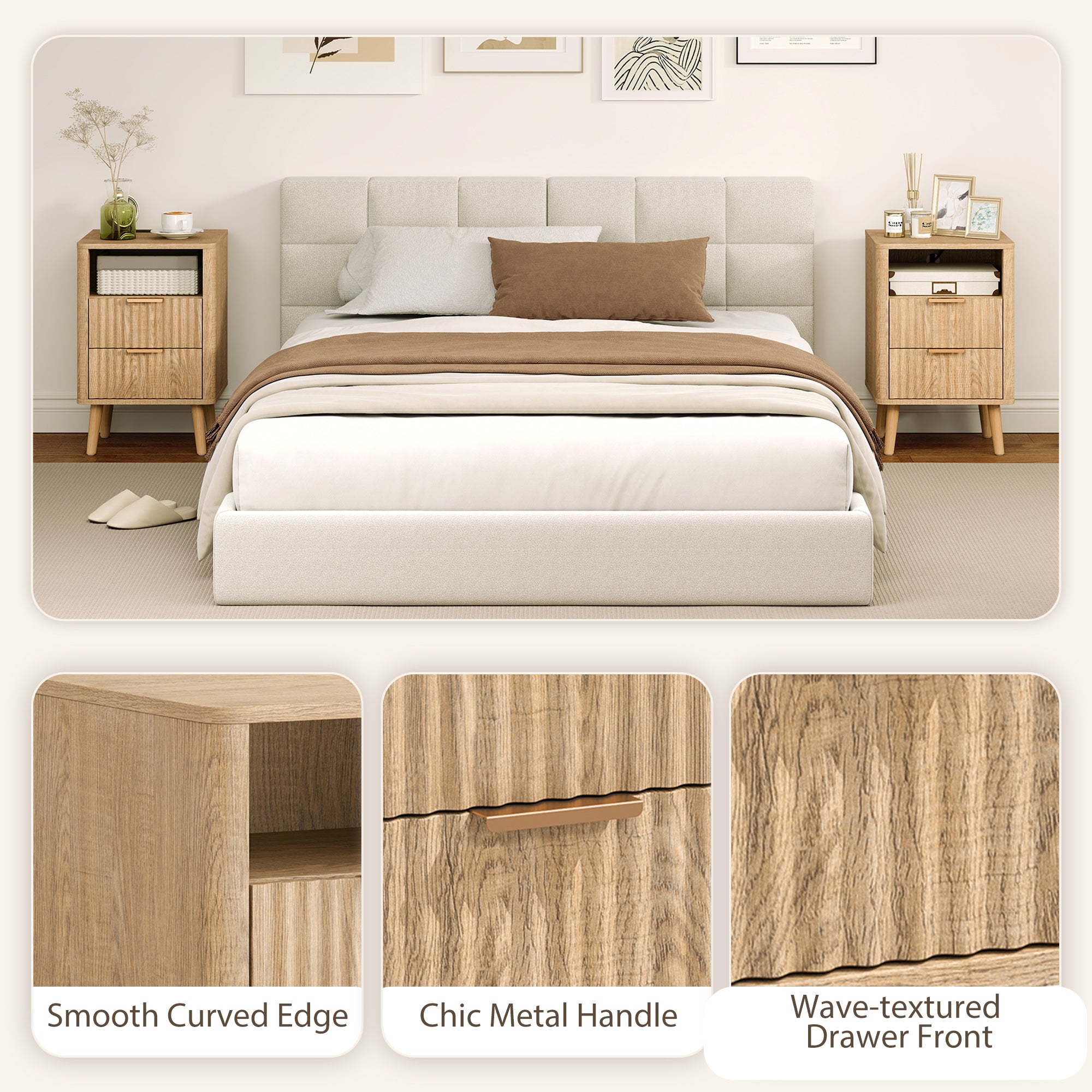 Set of 2 Nightstands with Charging Station - Oak 24" H-DECOROLALA