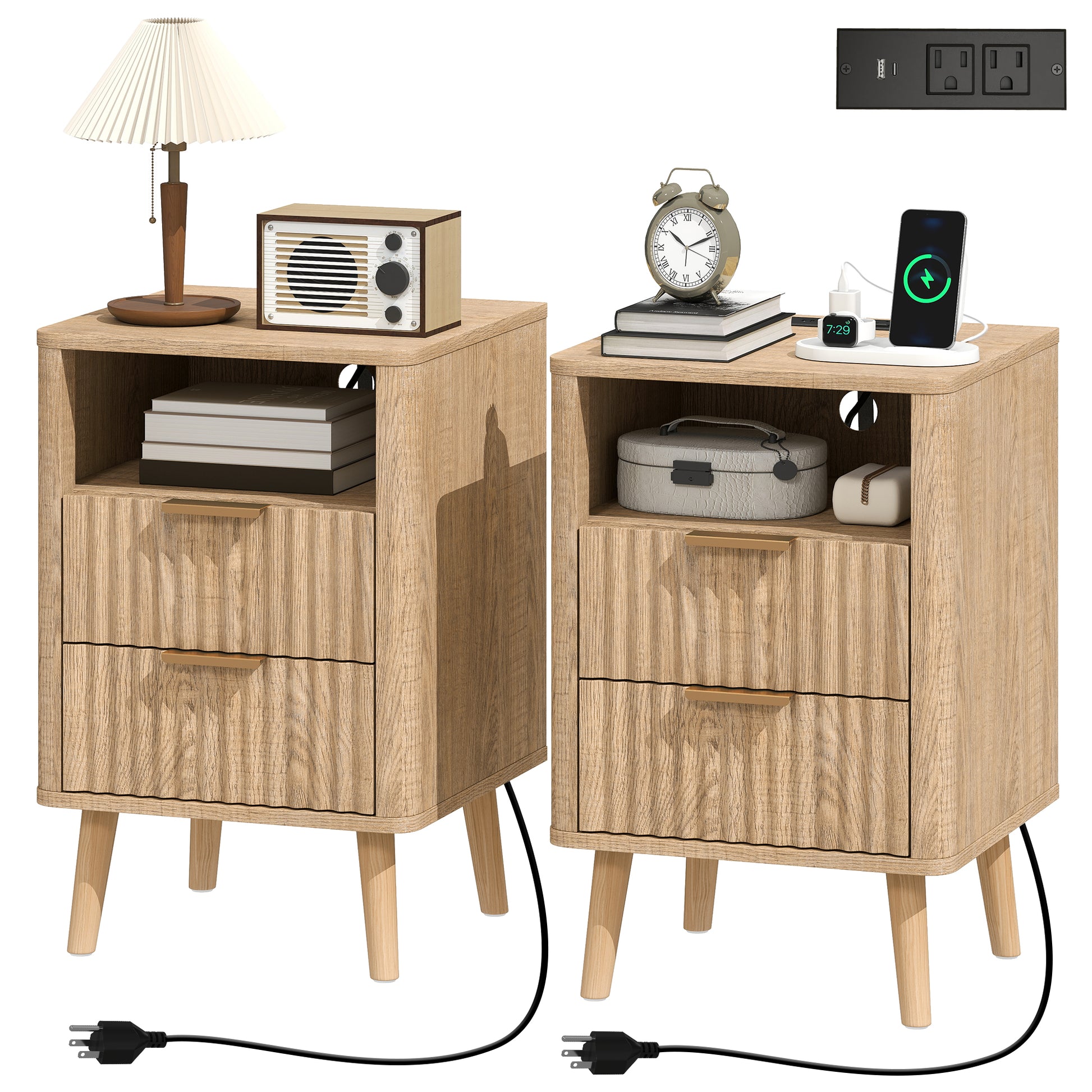 Set of 2 Nightstands with Charging Station - Oak 24" H-DECOROLALA
