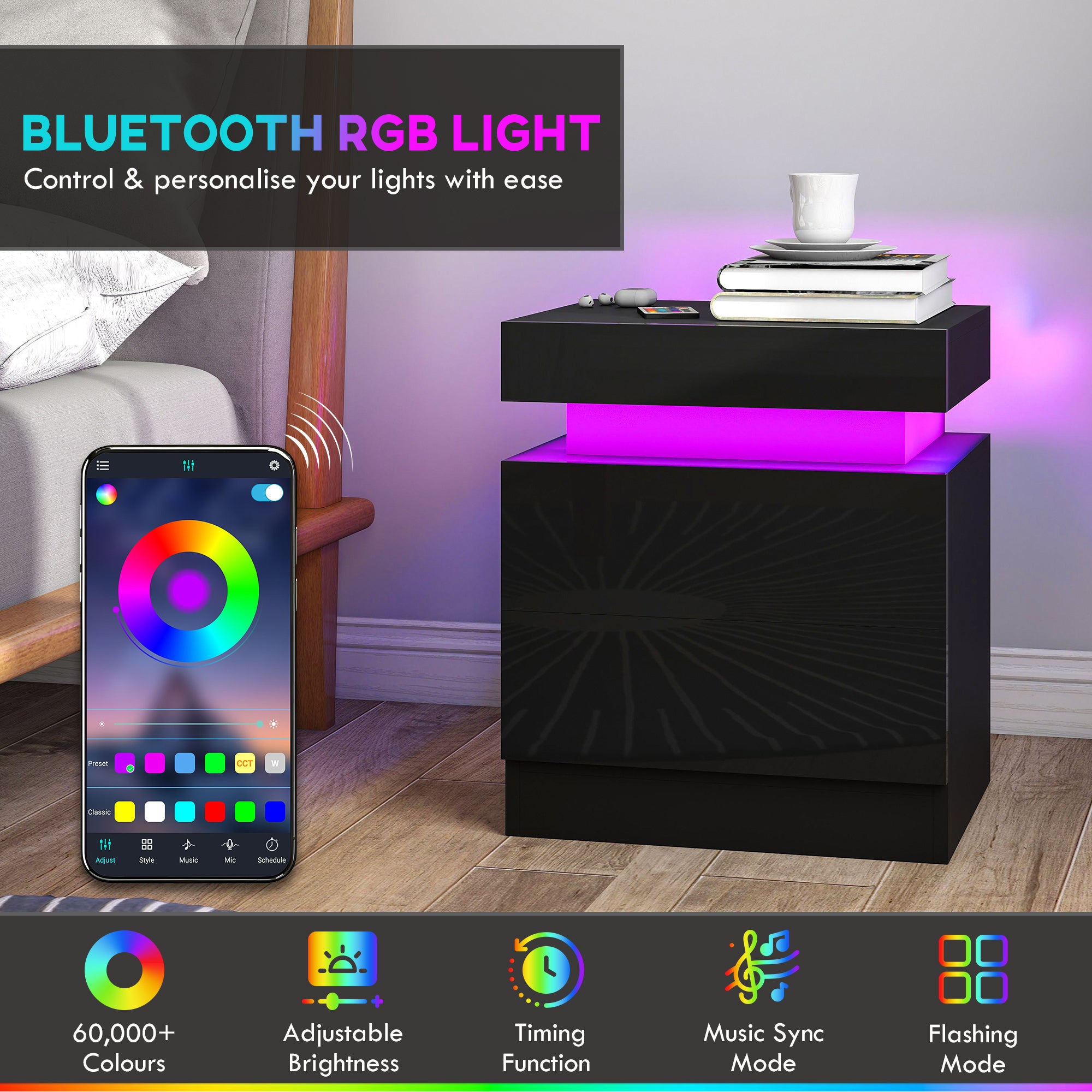 Set of 2 Nightstands with LED Lights - Black 2-Drawer-DECOROLALA