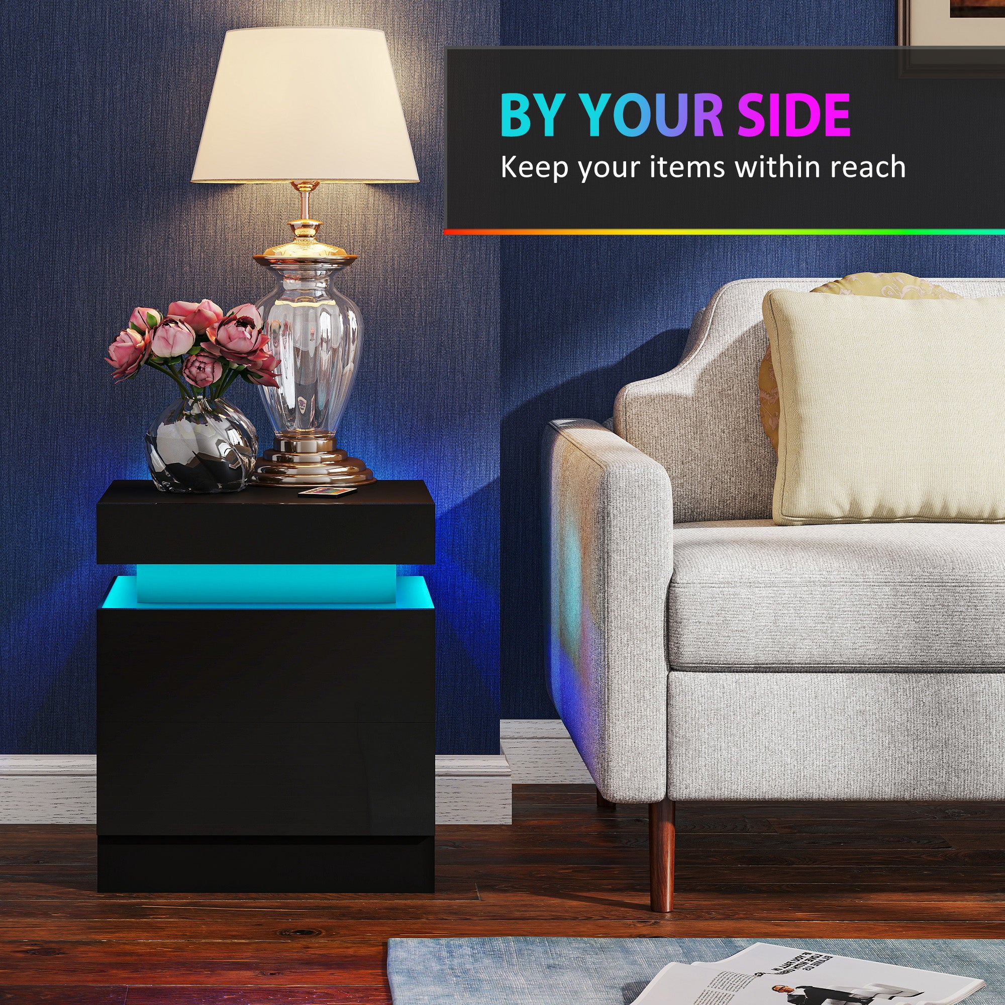 Set of 2 Nightstands with LED Lights - Black 2-Drawer-DECOROLALA
