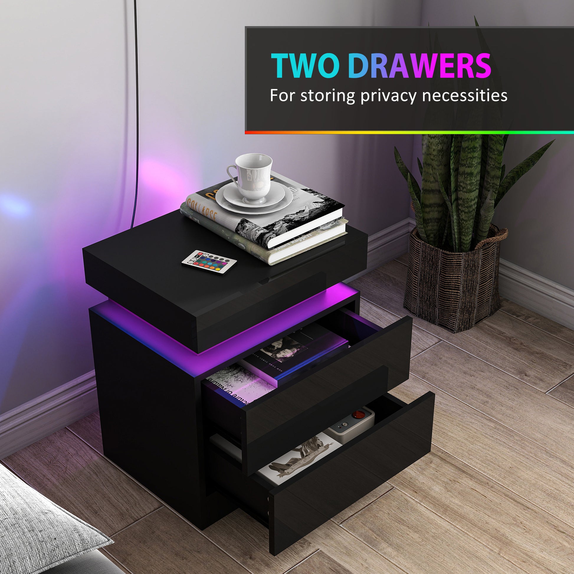 Set of 2 Nightstands with LED Lights - Black 2-Drawer-DECOROLALA