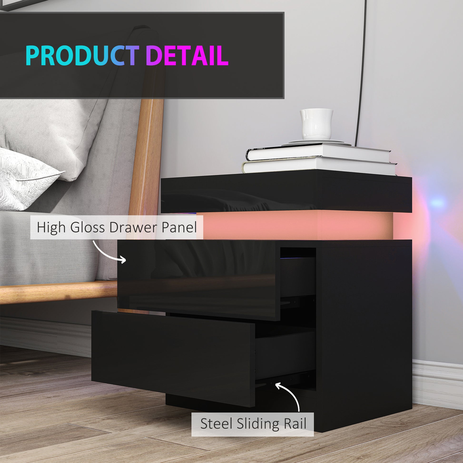 Set of 2 Nightstands with LED Lights - Black 2-Drawer-DECOROLALA