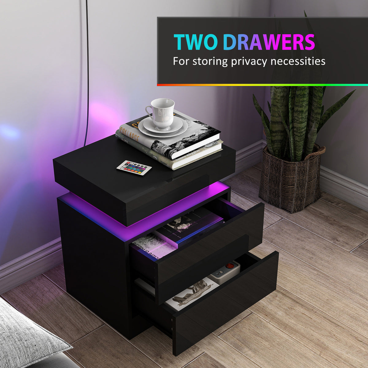 Set of 2 Nightstands with LED Lights - Black 2-Drawer-DECOROLALA