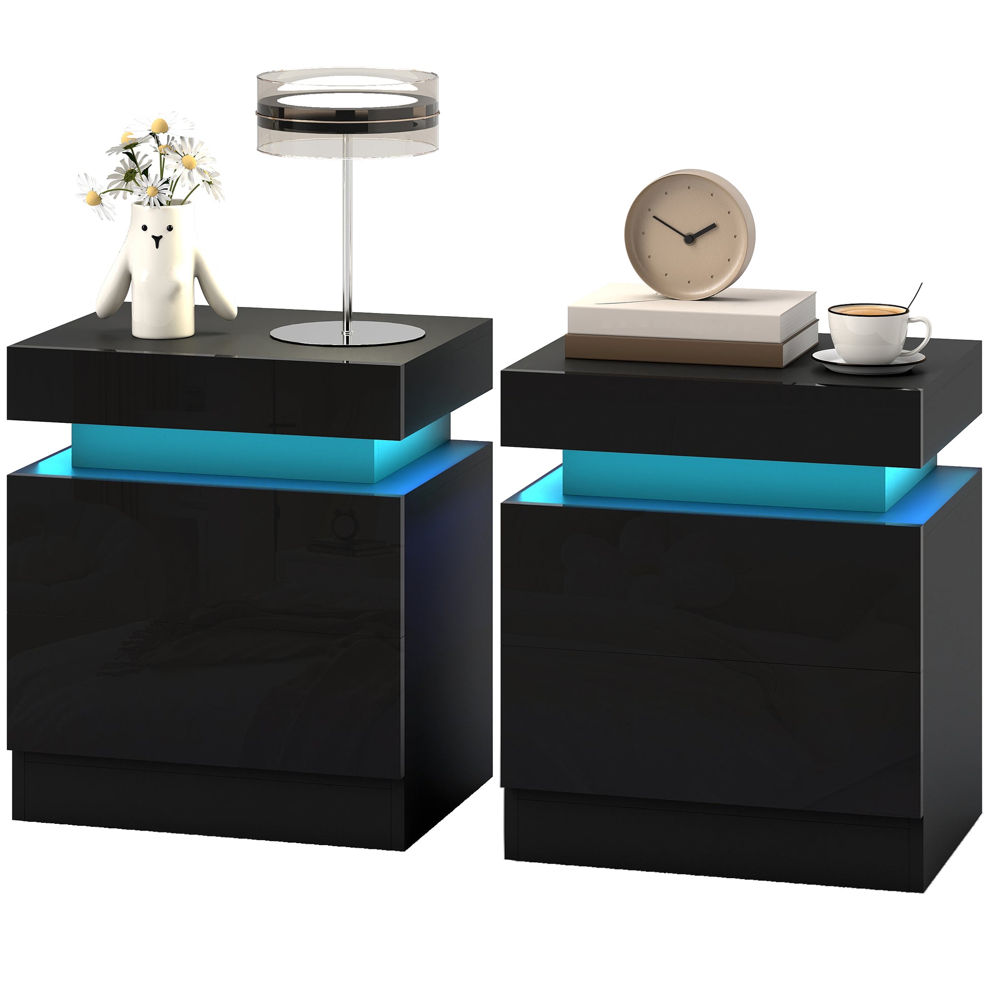 Set of 2 Nightstands with LED Lights - Black 2-Drawer-DECOROLALA
