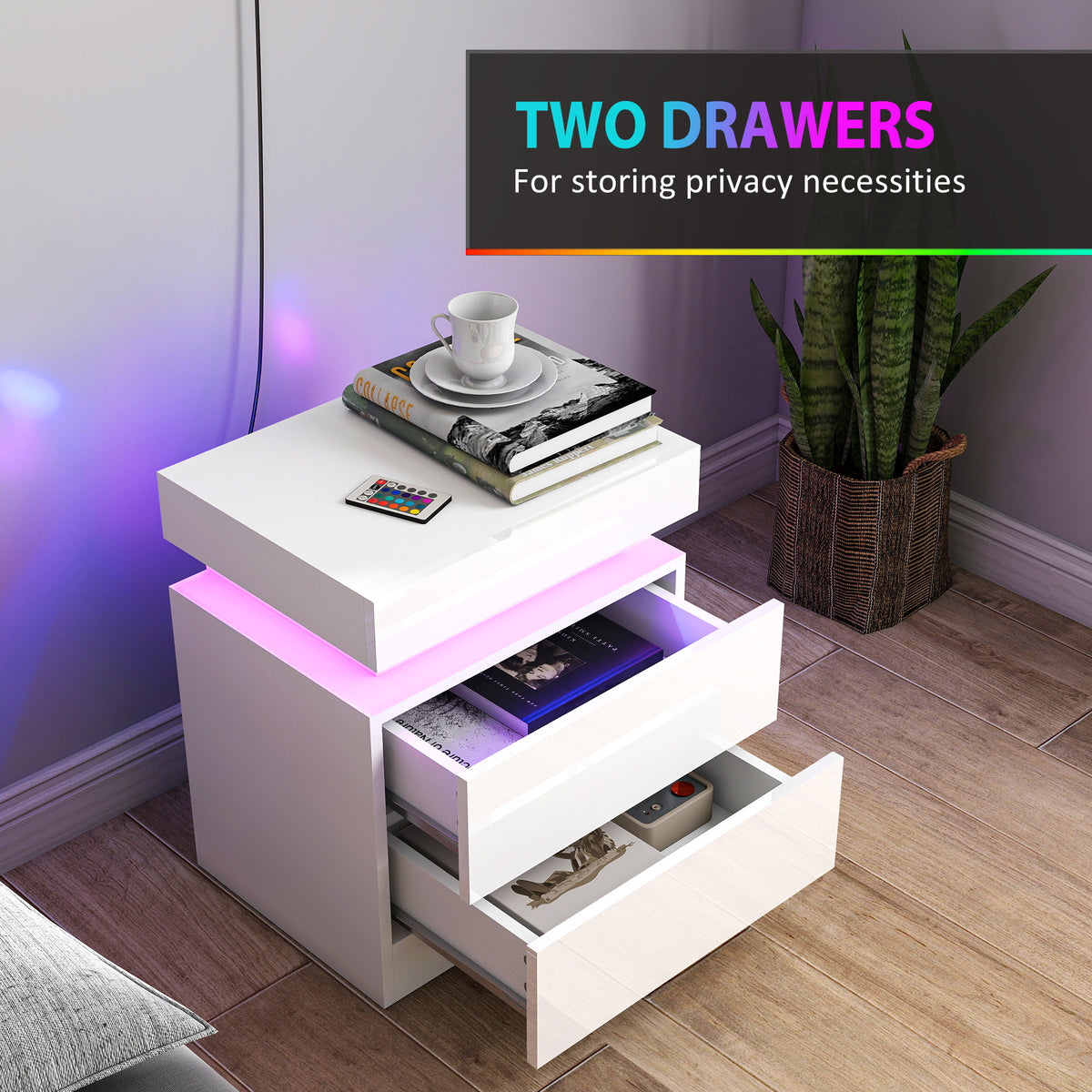 Set of 2 Nightstands with LED Lights and 2 Drawers - White-Home Furnishings > Bedroom Furniture > Bedside Tables-DECOROLALA