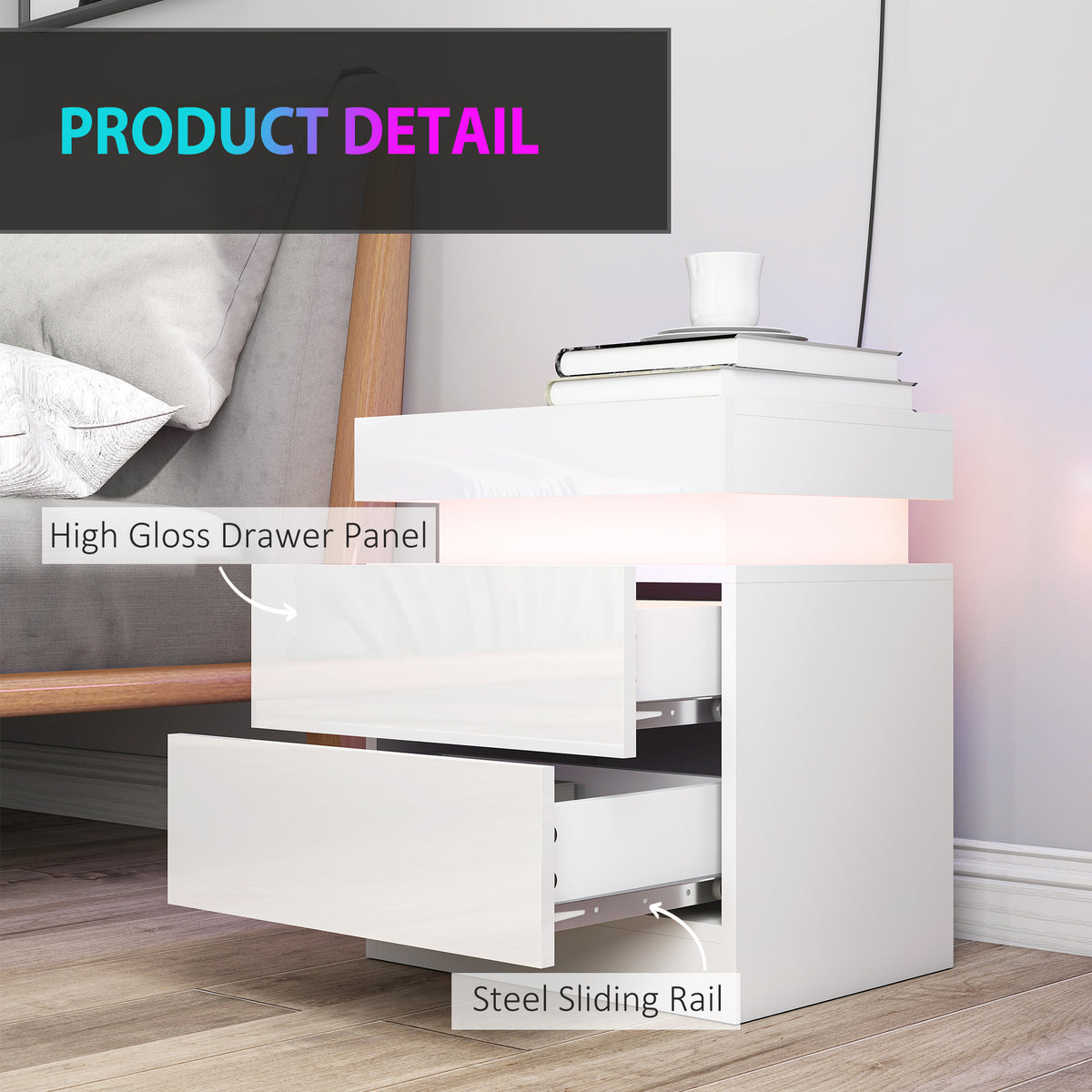 Set of 2 Nightstands with LED Lights and 2 Drawers - White-Home Furnishings > Bedroom Furniture > Bedside Tables-DECOROLALA