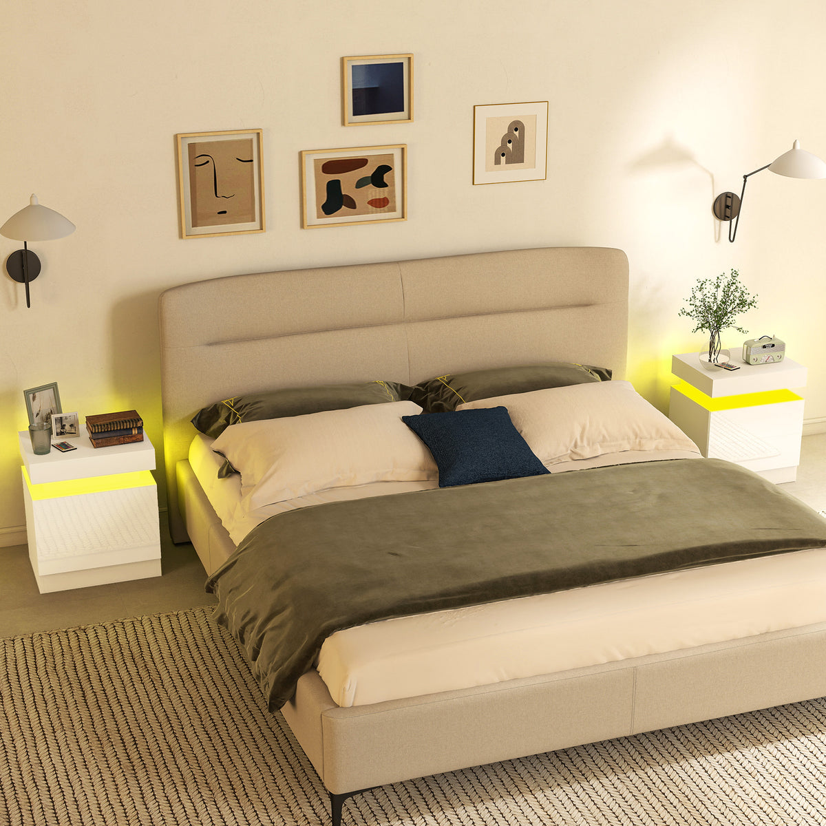 Set of 2 Nightstands with LED Lights and 2 Drawers - White-Home Furnishings > Bedroom Furniture > Bedside Tables-DECOROLALA