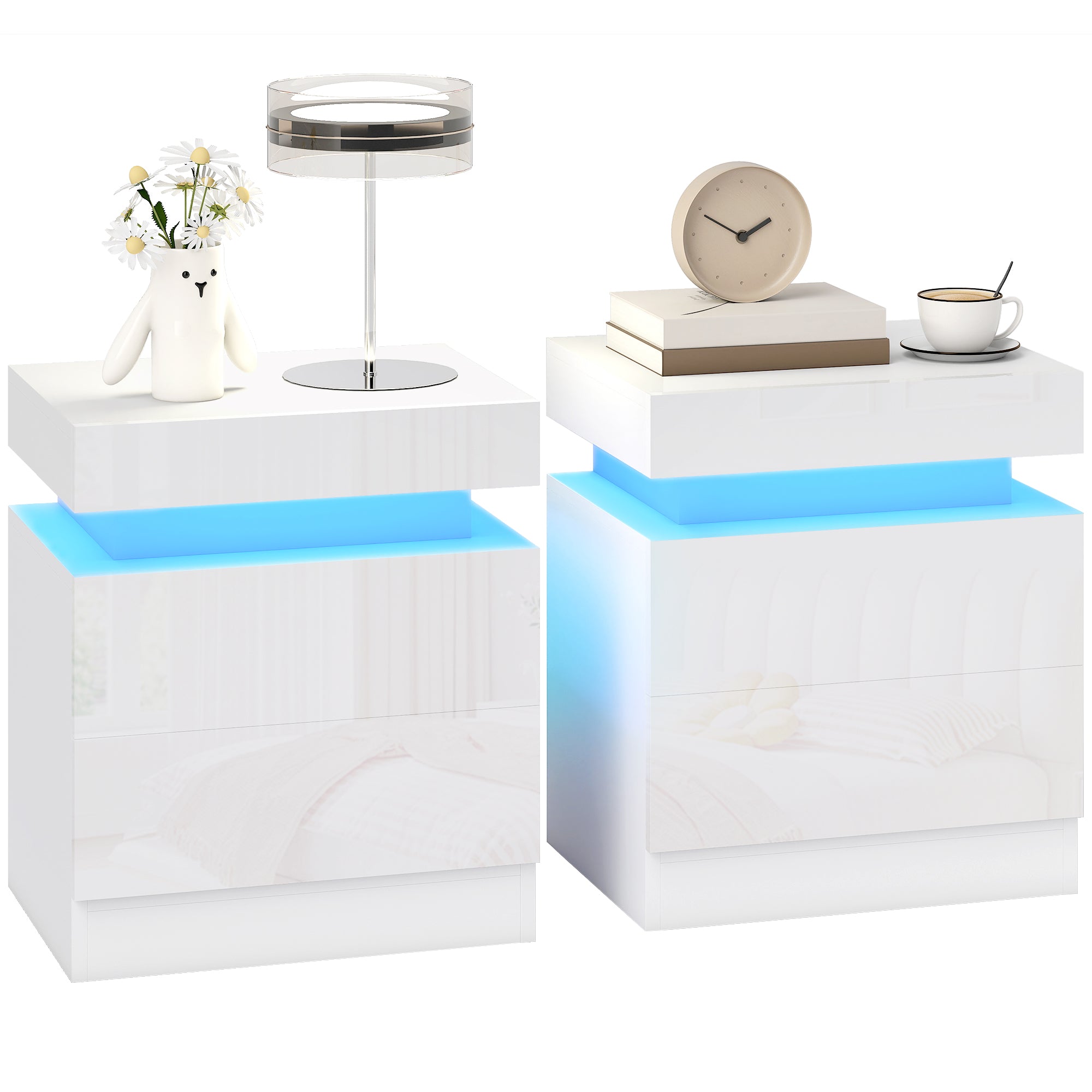 Set of 2 Nightstands with LED Lights and 2 Drawers - White-Home Furnishings > Bedroom Furniture > Bedside Tables-DECOROLALA