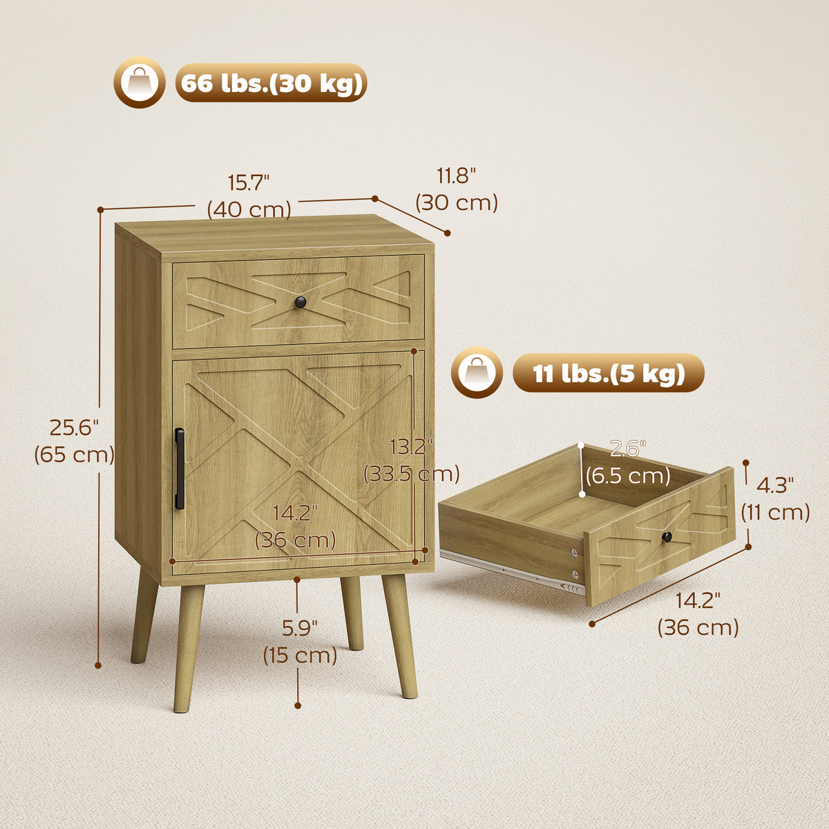Set of 2 Oak Nightstands with Drawer and Cabinet - 25.6" H-Home Furnishings > Living Room Furniture > Side¬†Tables-DECOROLALA