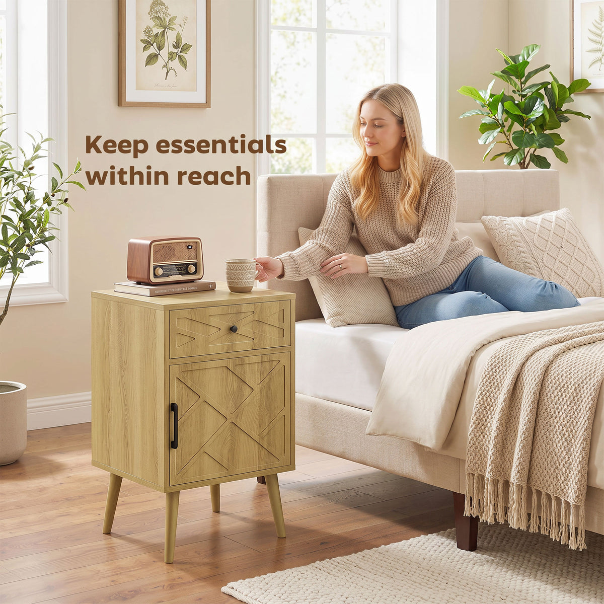 Set of 2 Oak Nightstands with Drawer and Cabinet - 25.6" H-Home Furnishings > Living Room Furniture > Side¬†Tables-DECOROLALA