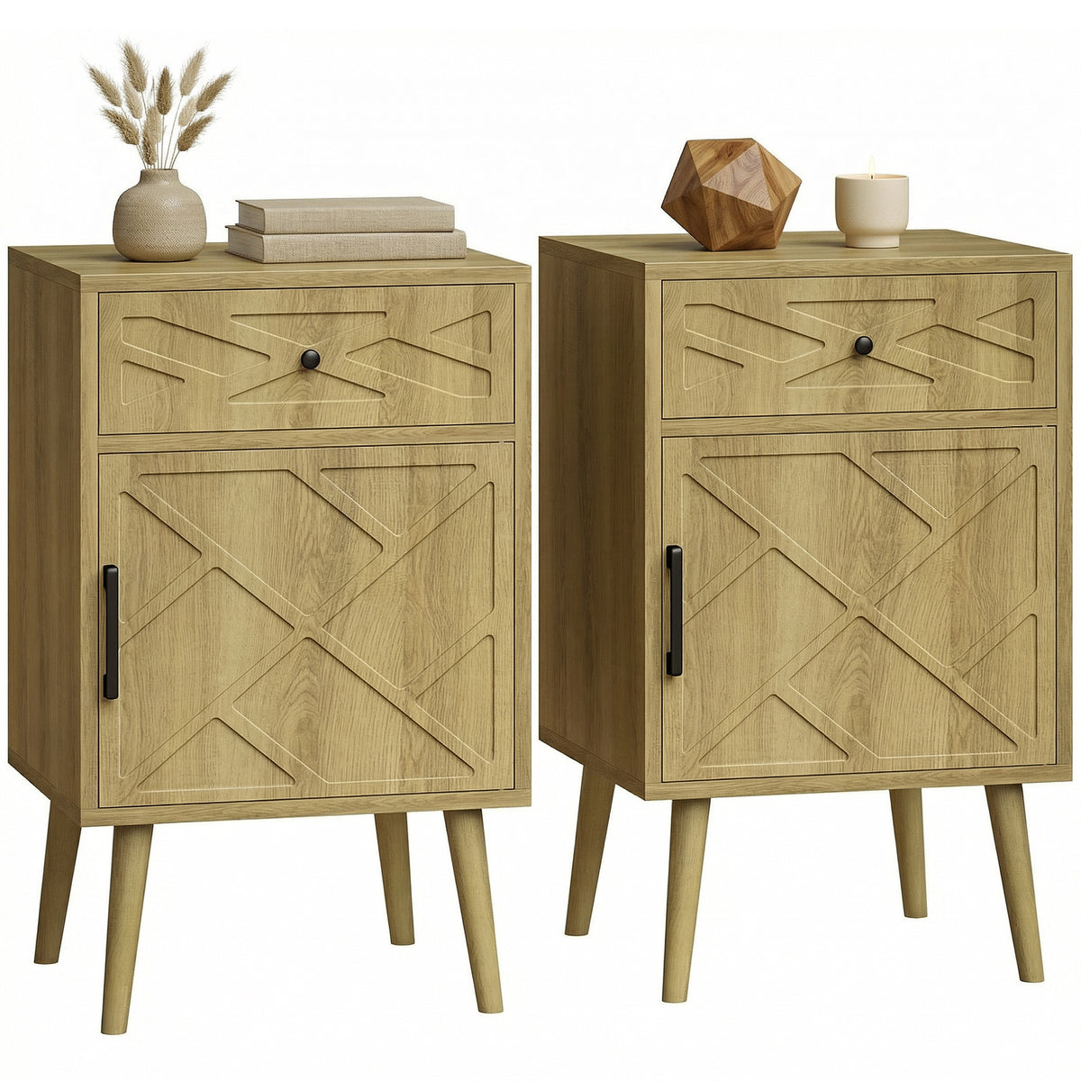 Set of 2 Oak Nightstands with Drawer and Cabinet - 25.6" H-Home Furnishings > Living Room Furniture > Side¬†Tables-DECOROLALA