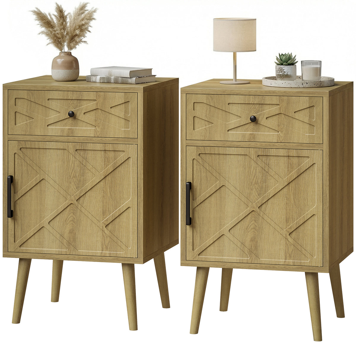 Set of 2 Oak Nightstands with Drawer and Cabinet - 25.6" H-Home Furnishings > Living Room Furniture > Side¬†Tables-DECOROLALA