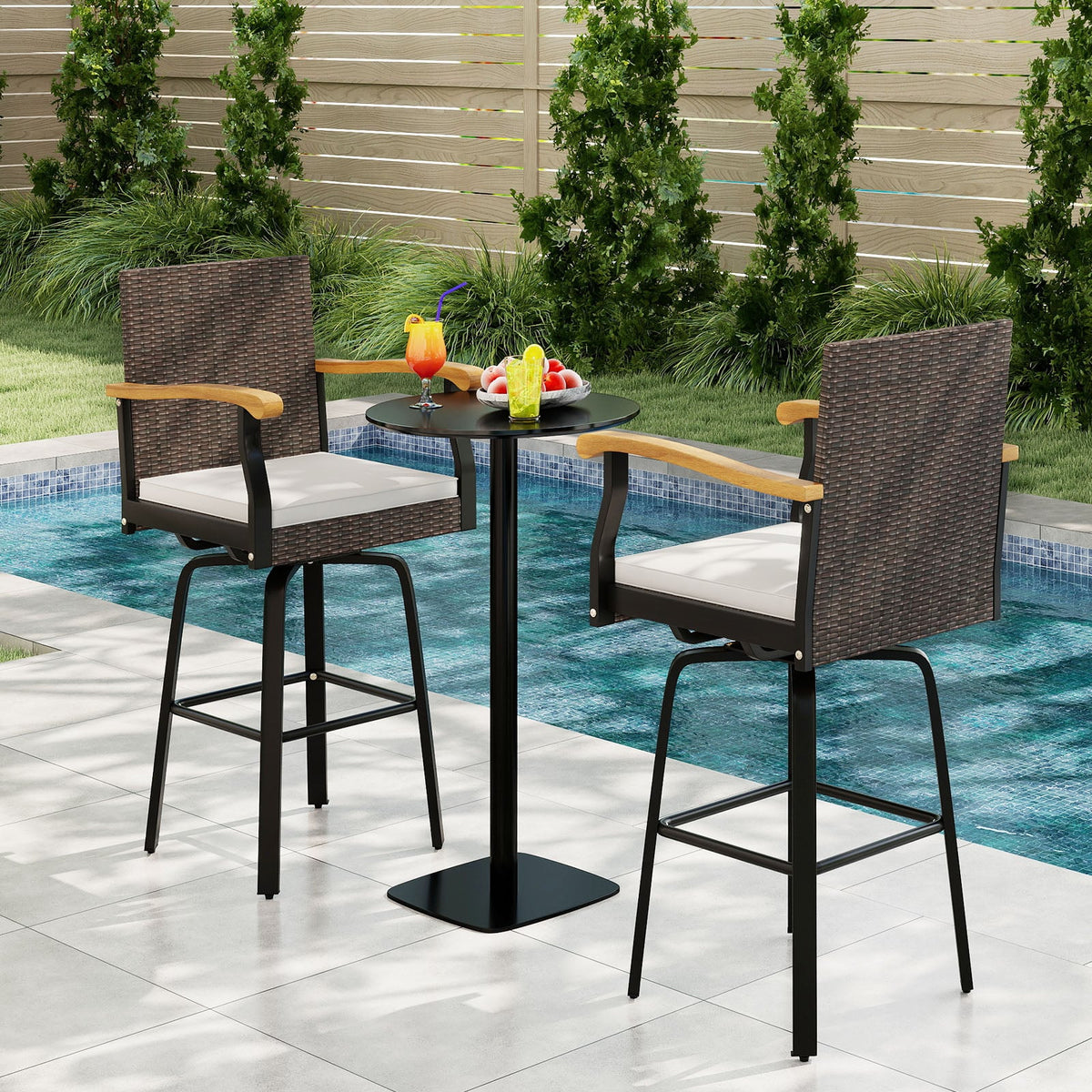 Set of 2 Outdoor 360° Swivel Bar Stool with Cushion and Acacia Wood Armrests-Outdoor Bar Furniture-DECOROLALA