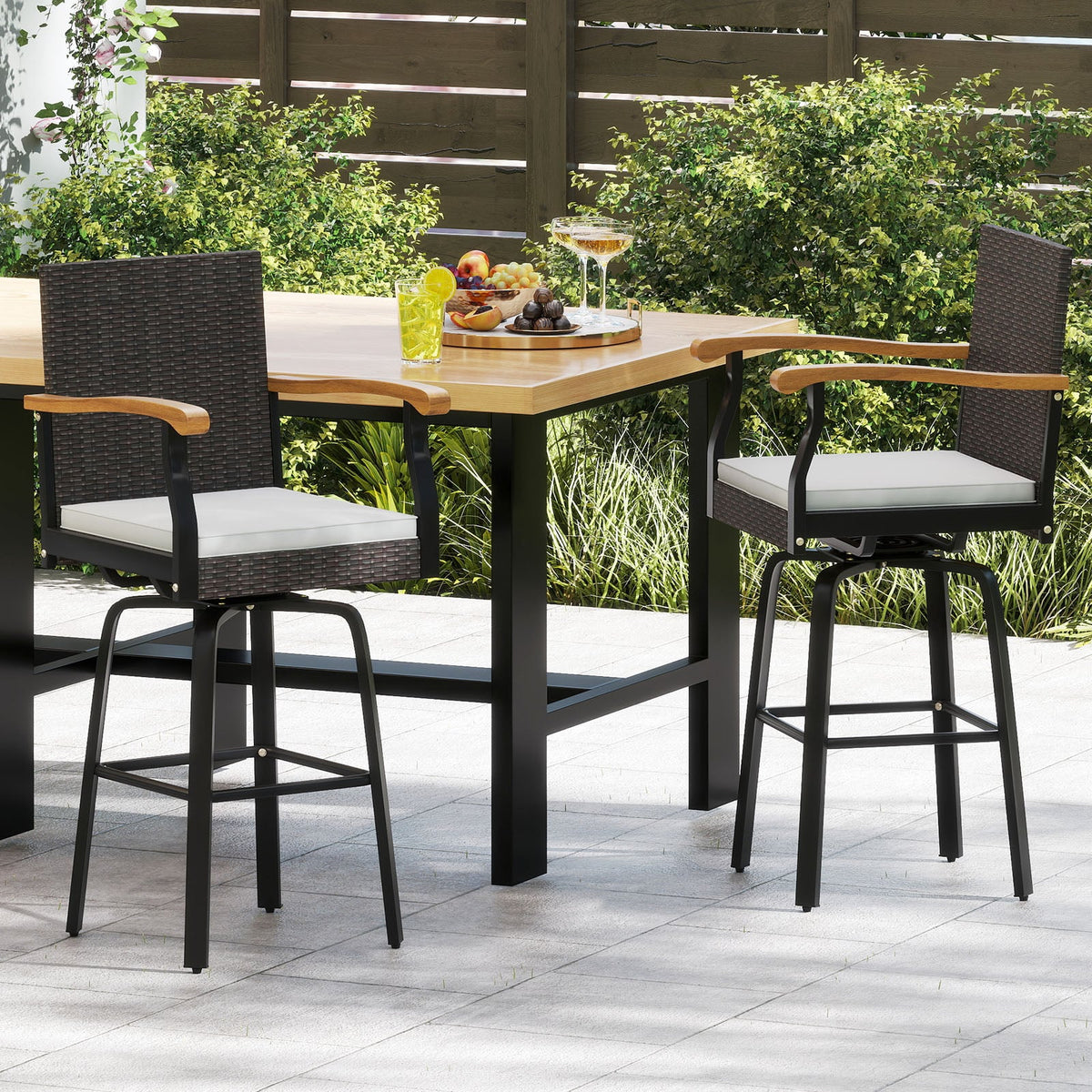 Set of 2 Outdoor 360° Swivel Bar Stool with Cushion and Acacia Wood Armrests-Outdoor Bar Furniture-DECOROLALA
