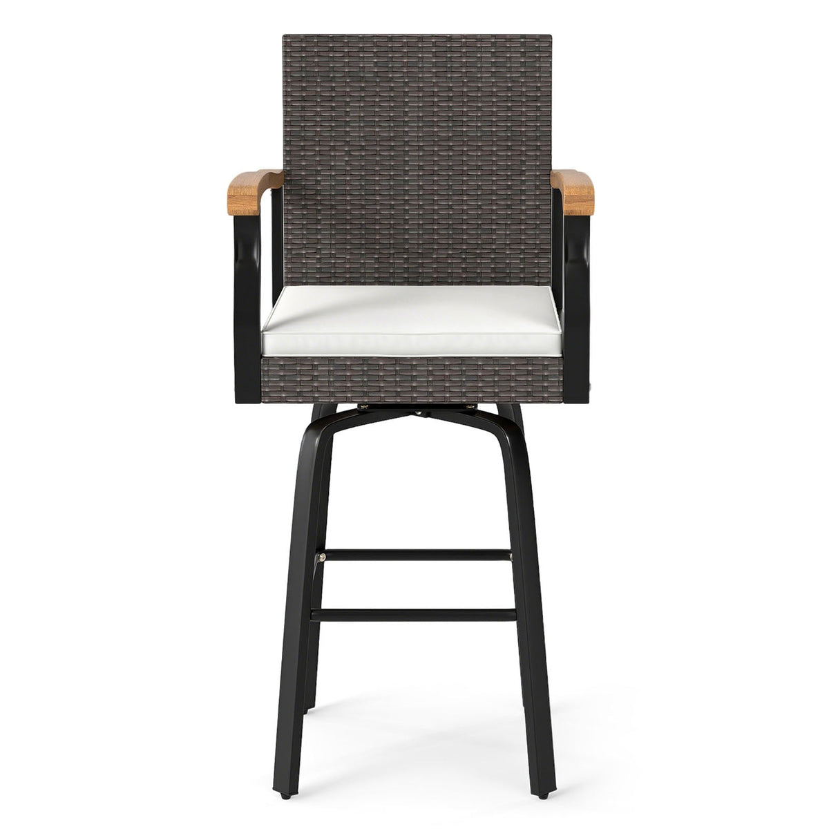 Set of 2 Outdoor 360° Swivel Bar Stool with Cushion and Acacia Wood Armrests-Outdoor Bar Furniture-DECOROLALA