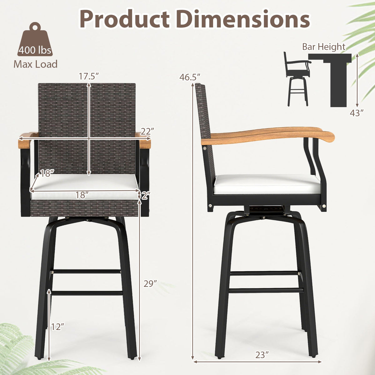 Set of 2 Outdoor 360° Swivel Bar Stool with Cushion and Acacia Wood Armrests-Outdoor Bar Furniture-DECOROLALA