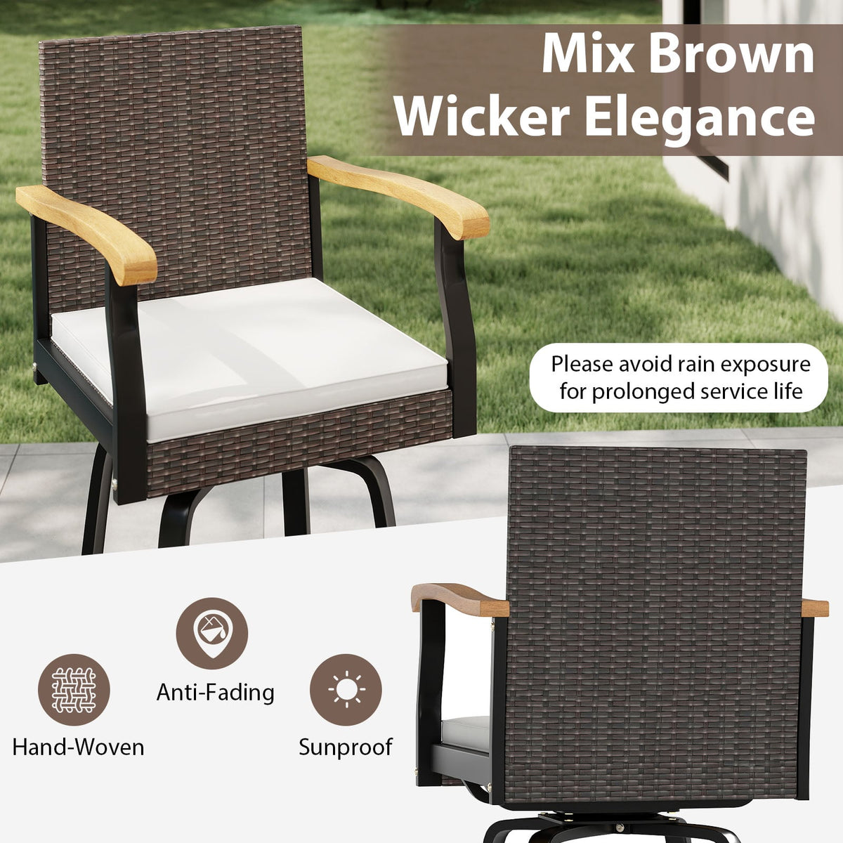 Set of 2 Outdoor 360° Swivel Bar Stool with Cushion and Acacia Wood Armrests-Outdoor Bar Furniture-DECOROLALA